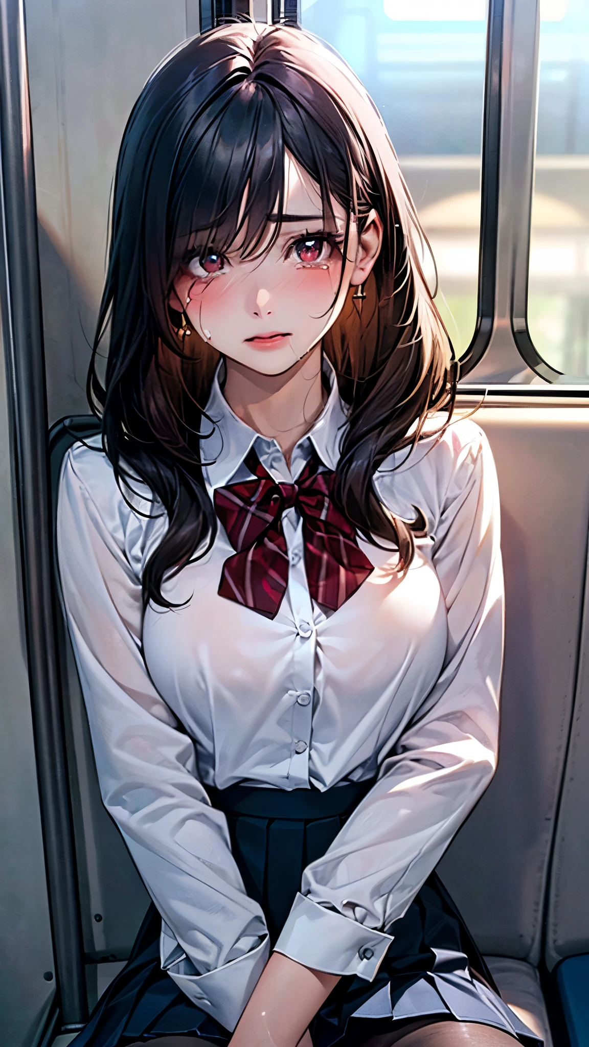 (masterpiece:1.2, top-quality), (realistic, photorealistic:1.4), beautiful illustration, (natural side lighting, movie lighting), depth of fields, nsfw, 
beautiful detailed hair, beautiful detailed face, beautiful detailed eyes, beautiful clavicle, beautiful body, beautiful chest, beautiful thigh, beautiful legs, 
looking at viewer, 1 girl, 12 years old, (perfect anatomy, anatomically correct, super detailed skin), cute and symmetrical face, perfect face, perfect eyes, 
(middle hair, twin braids, black hair), blunt bangs, break emerald green eyes, drooping eyes, big eyes, (medium breasts, seductive thighs), perfect body, shiny skin, pink skin, 
(detailed cloth texture, break short sleeve white collared shirt, break (khaki knit vest), break navy pleated skirt, break red tie, round glasses), break 
(beautiful scenery), (sit against the wall, train interior), break ((sleeping, closed eyes)), (parted lips, head tilt),