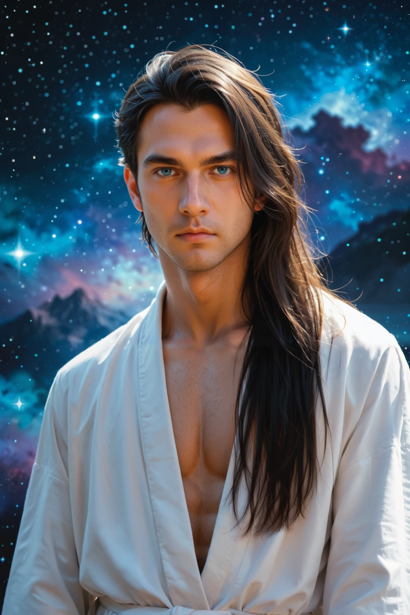 Portrait photograph of a beautiful young man, pale skin, big blue eyes, very long black hair, wearing a white robe, serious expression, Pleiades stars background.