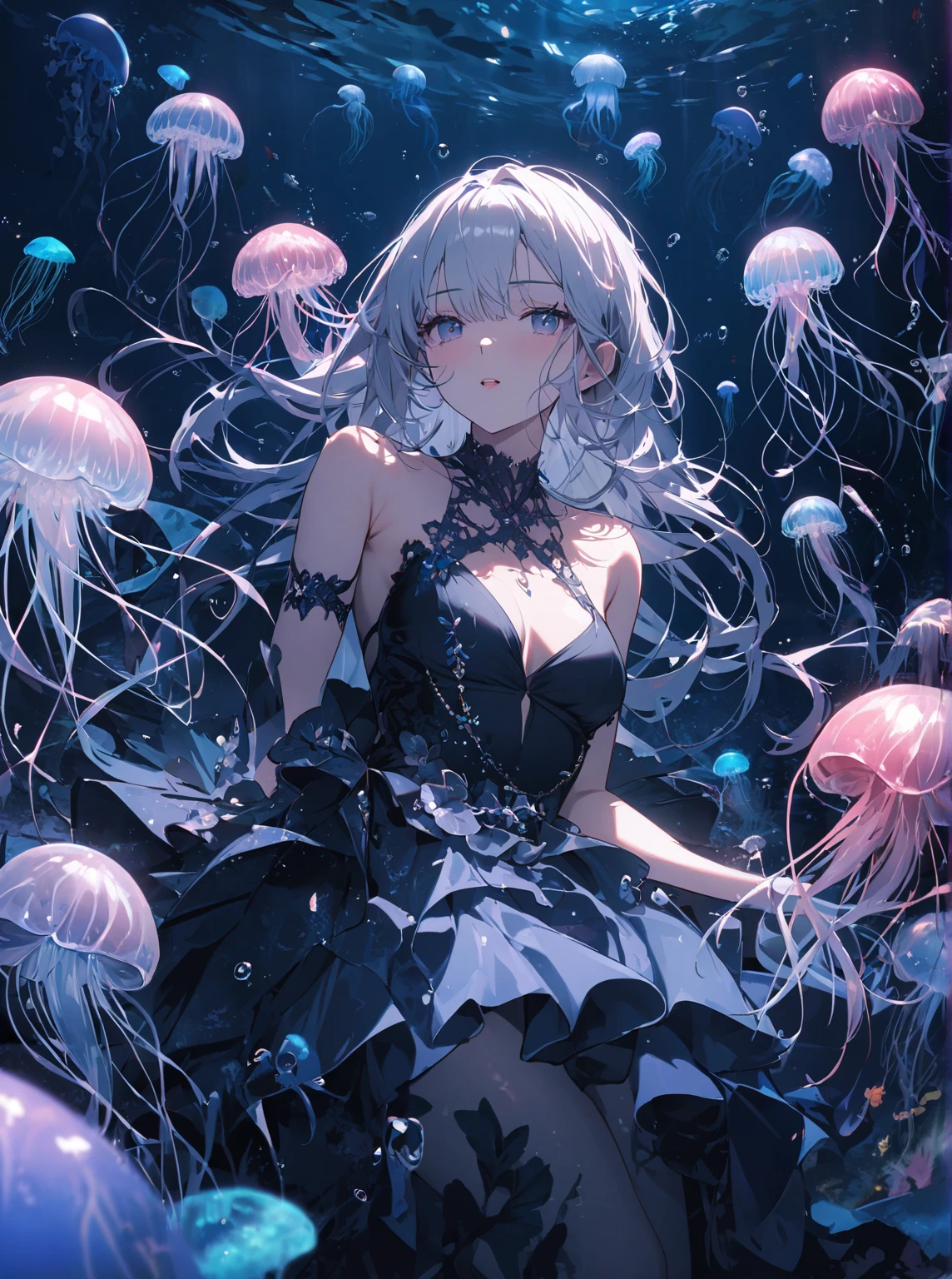 masterpiece, best quality, 1girl, solo, white hair, green eyes, long hair, jellyfish, underwater, dress, <lyco:jellytits-000003:1.0>