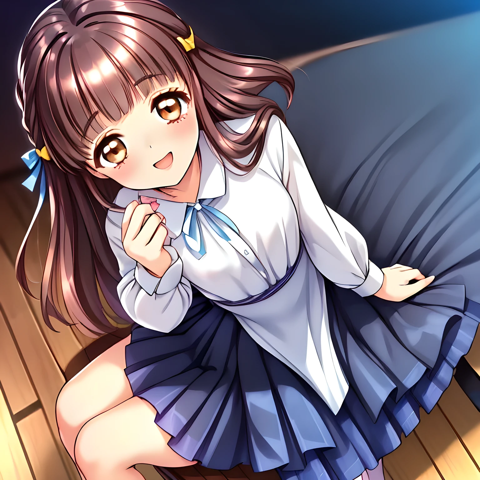 (highest quality, masterpiece:1.2), highest quality, High resolution, 1080p, 8K, solo, (A yo beautiful pretty fashion model succubus is seated on a wooden char nobly and turning to me, ((laughing at me)), (looking down on me), most beloved girl in the school, (intelligent and perfectly balanced slender style), feeling too funny, amazingly neat & clean, in peace and neat lovely strong charm, cutely tilted head, beautiful legs: 1.8), (Too noble beautiful lady like a love-story comic heroine), (laughing like watching a comedy), (showing a long lewd tongue), A very lovely, very noble, pretty and pure beautiful girls. ((Bursting out Laughing very elegantly)), ((white grown face)), Using expensive whitening cosmetics by cosmetics artist: 1.2), A white face that everyone loves, Glossy lips, (curled) bangs, (Too beautiful blue fascinating shiny (double-lidded) (brown eyes) with love to the viewer, ((deep upper girly eyelid)), laughing with detailed clearly: 1.5), ((amazingly beautiful straight (slightly wavy) long black light hair: 1.5)), (Sailor-style school uniform, (Neat smart (white school blouse))): 1.8), (A very neat, (fully tartan-checkered pleated blue school skirt): 1.2), (too pretty shiny light-yellow realistic school ribbon): 1.5), (Shiny game heroine lips, extremely laughing open mouth: 1.0), (Ribbon in (black hair), long thin braids, The ribbon is big and very pretty), (Tight waist, slender like a beautiful fashion model: 1.5), (The background is (plain black space with lovely heart stars) to emphasize her fascination: 1.8), (The lady knows well about the viewer's super fetishism for school uniforms, and satisfies it completely in the viewer's lewd dream: 1.7), (beautiful neat fascinating cute noble atmosphere in a high school only for beautiful ladies to learn how to be charming: 1.8), (one girl, take a shot from her back: 1.2)