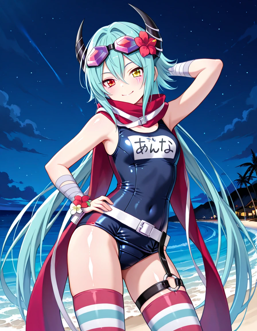 masterpiece,best quality,1girl,AA72,blue hair,blue one-piece swimsuit,barefoot,red eyes,whistle,hair ornament,diving mask,bandaid,bandaid on leg,goggles,goggles on head,expressionless,beach,ocean,sunlight,<lora:AA72:0.9>,<lora:test007_2:-1.5>,