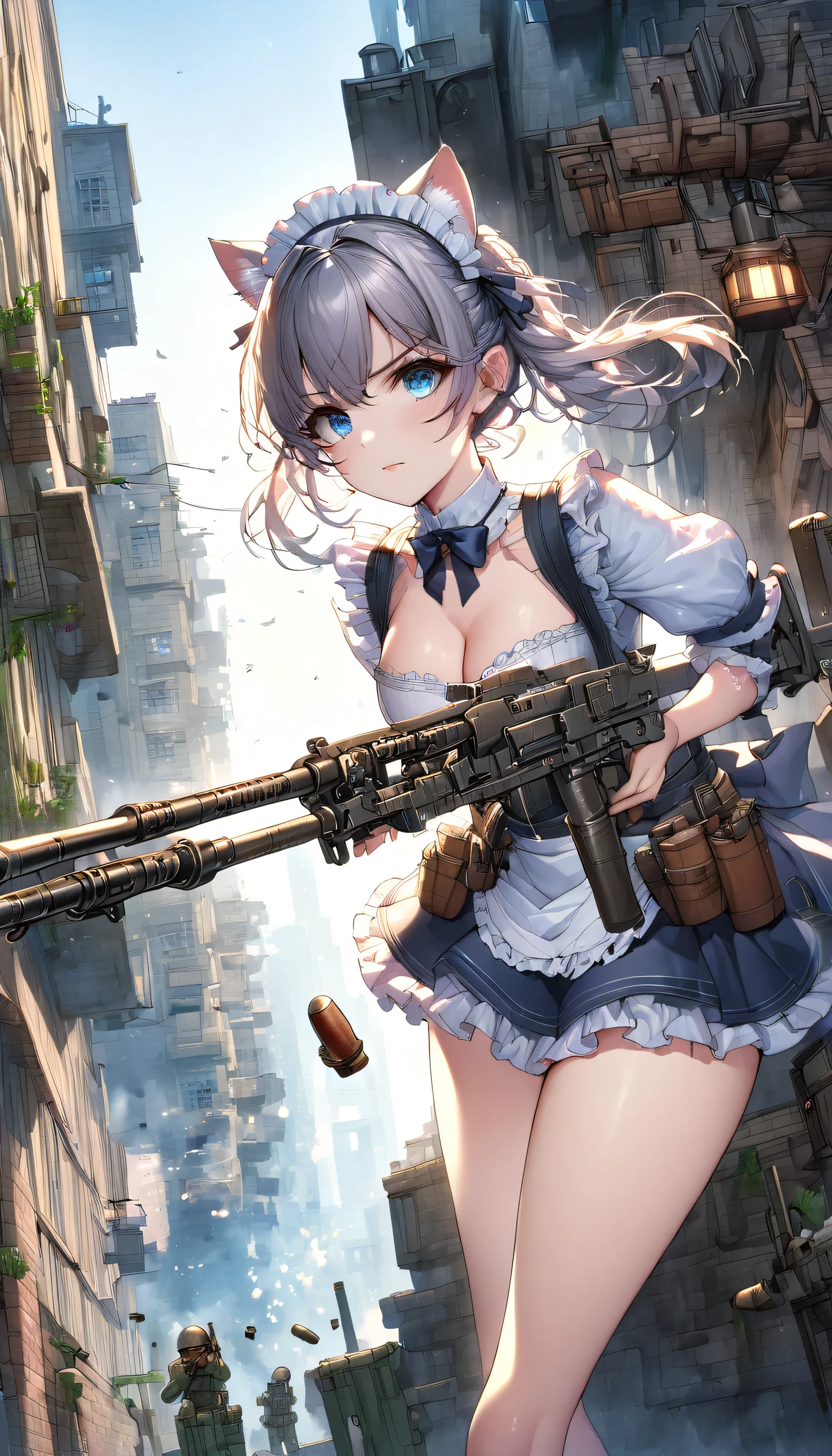 ((ultra-detailed)), (highly detailed CG illustration), (best quality:1.2), ultra-highlyあ detailed, colorful composition, artistic photoshoot, 1girl, solo focus, ((thigh to top:1.4)), ((cowboy shot:1.4)), moe anime character, girl, dainty facial structure, (bab(round face), ((rounded chin:1.2)), ((ideal ratio body proportions)), celia-default, celia claire, (blue eyes), sparkle eyes, silver hair color, two slde up, cat ears, cat tail, ((serious)), ((tragedy)), french maid uniform, maid headdress, open clothes, white frilled chichi-bukuro, huge breasts, deep royal blue neck bow with ruby jewelry, ((shooting a machine gun:1.4)), ((a bullet is fired from the muzzle:1.4)), ((city battle1.4)), standing by the city area that has become a battlefield, dynamic pose, from side, best quality, masterpiece, pink cheek, blush, light pink gloss slip, portrait, depth of field, soft lighting, sidelighting, (shine), lighting, caustics, ray tracing, perfect face, lustrous skin, highly detailed face, highly detailed eyes, perfect face, perfect nose, perfect hair, perfect eyes, perfect anatomy, beautiful hair, beautiful small face, extremely detailed face, beautiful detailed eyes, beautiful clavicle, beautiful body, beautiful huge breasts, leavage, breasts squeezed together, equalize the size of the left and right breasts, beautiful thin thighs, beautiful legs, beautiful fingers, 4 fingers, 1 thumb, lovely, (very detailed background:1.0), (highly detailed background:1.0), battlefield aesthetic, intricate details, war atmosphere, battlefield colors palette, chromatic aberration
