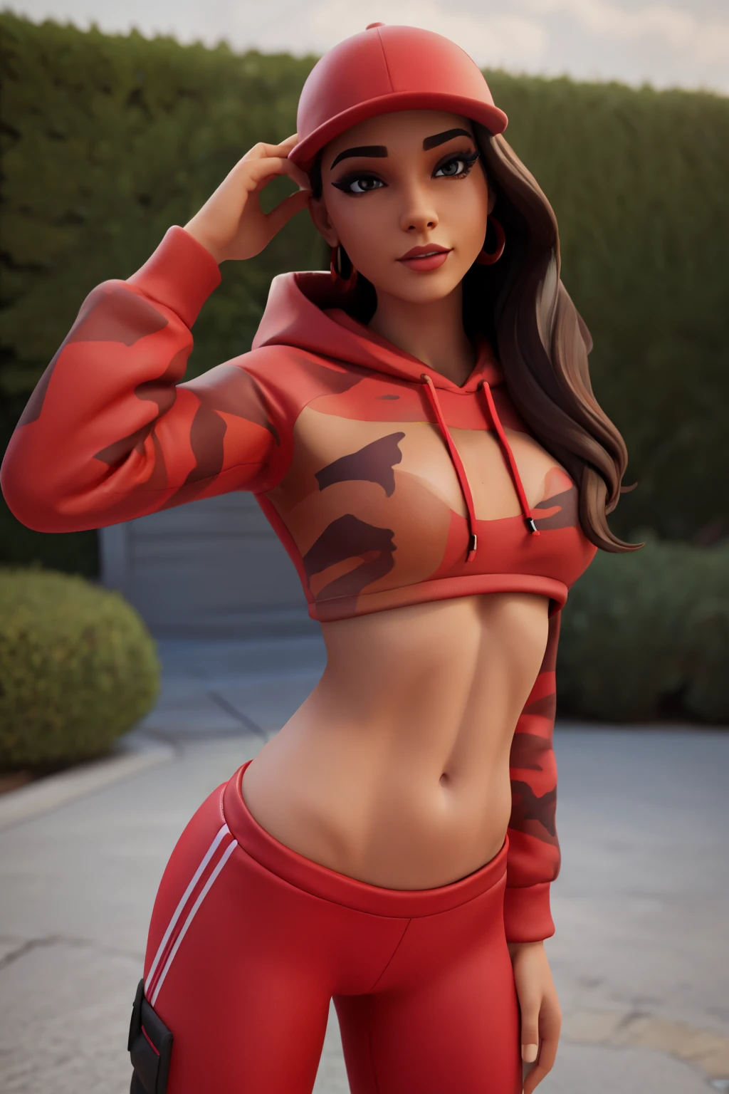 (Realistic:1.5), <lora:rubyVideoGameFortnite_v10:0.7>, xyzruby, 1girl, red_pants, sports bra, teasing, solo focus, earrings, long hair, lips, ((sweatshirt)), wearing a red hat, ffc selfie, <lora:frontFacingCameraSelfie_ffcSelfieV1:0.9>