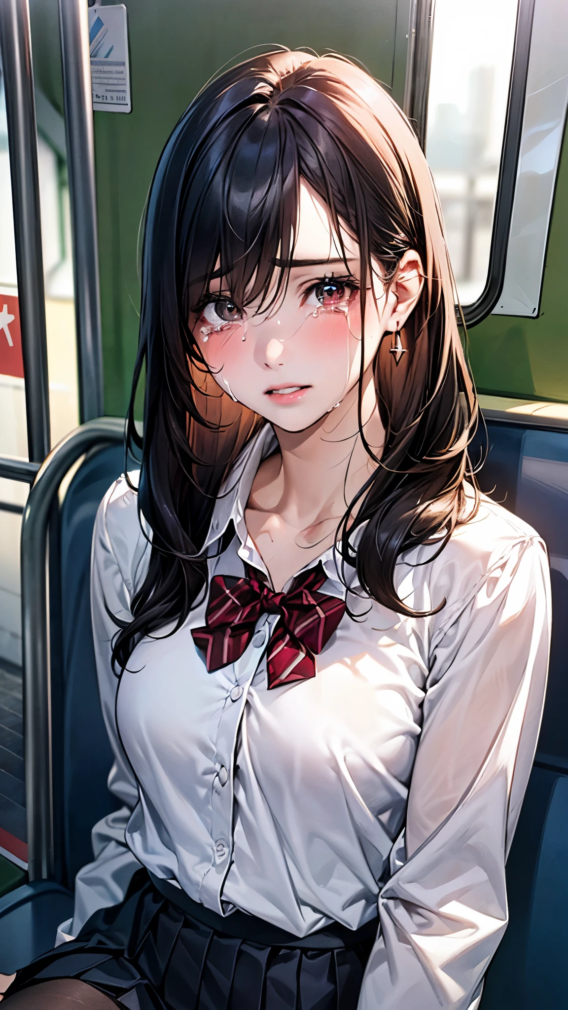 Anime girl sitting on a bus seat with her hair in a ponytail - SeaArt AI