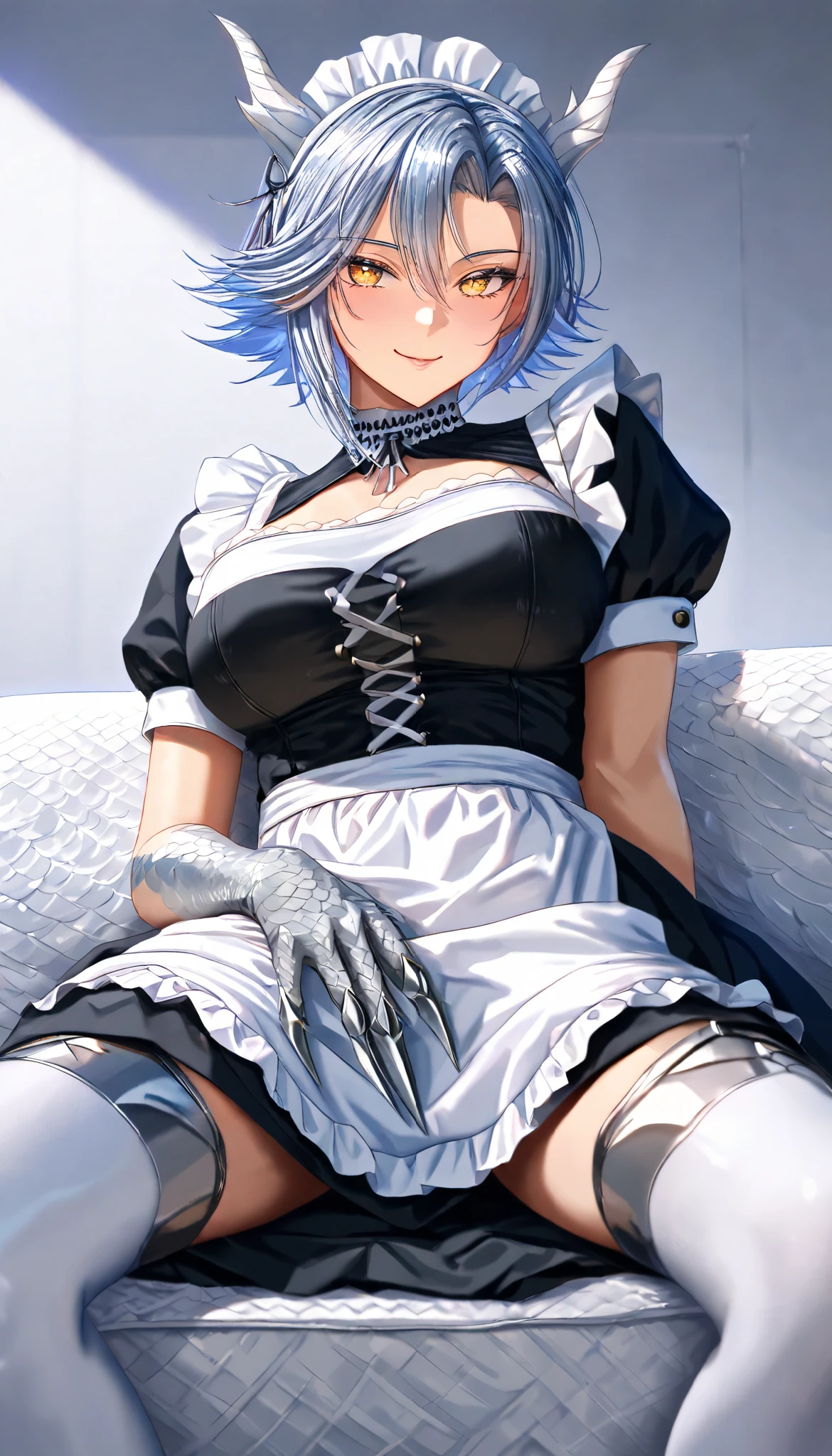 SOLO, A female half-dragon with full White scales,Sliver Short hair, A pair of White dragon horns, Medium Oppai, Golden eyes, Dragon tail, in a short sleeves maid costume, Wears a maid's headband, Dragon claws, Dragon feet with White stockings, Sitting on the lux sofa,Spreading legs, Torogao, seductive smile, In a European-style manor house, UHD, anatomically correct, masterpiece, textured skin, high details, highres, 1080P, 16k, accurate,Close-up, No watermark,Cowboy shot,No wings,look at view