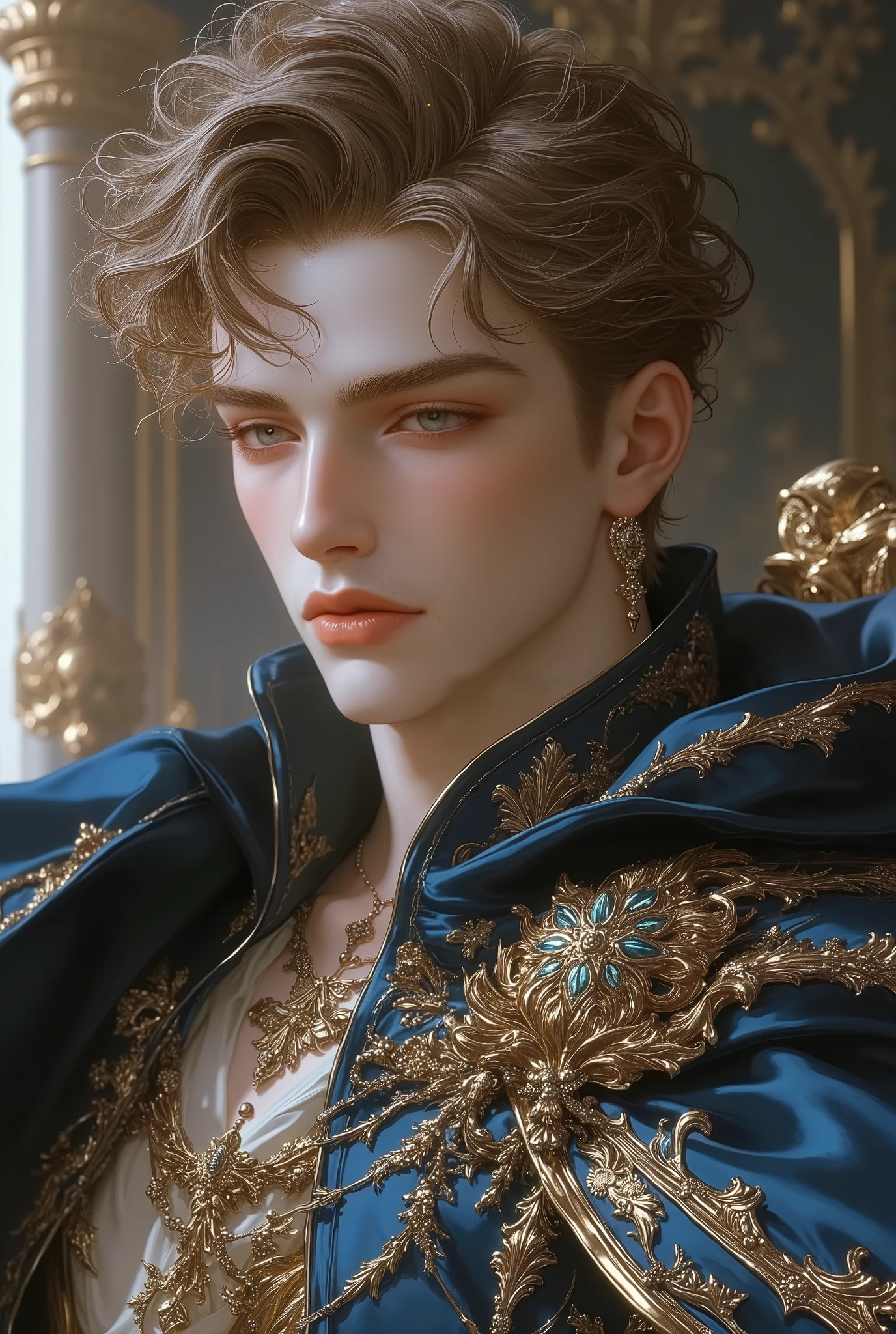 (photorealism:1.2), Handsome Renaissance prince, light brown wavy hair with golden highlights, blue hazel eyes, fair skin, blue and gold Renaissance clothing.