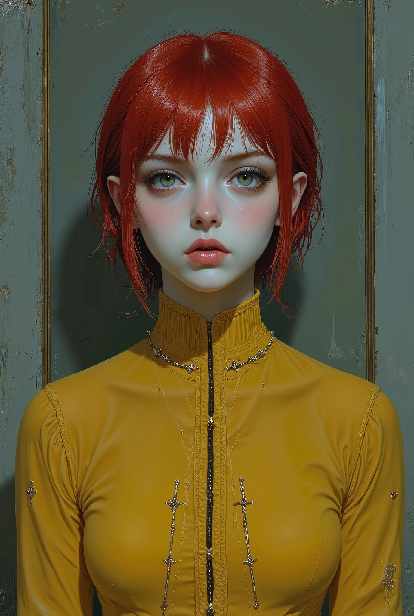 A tall girl with short red hair, black eyes with dark circles and a wide nose. deep yellow turttleneck outfit