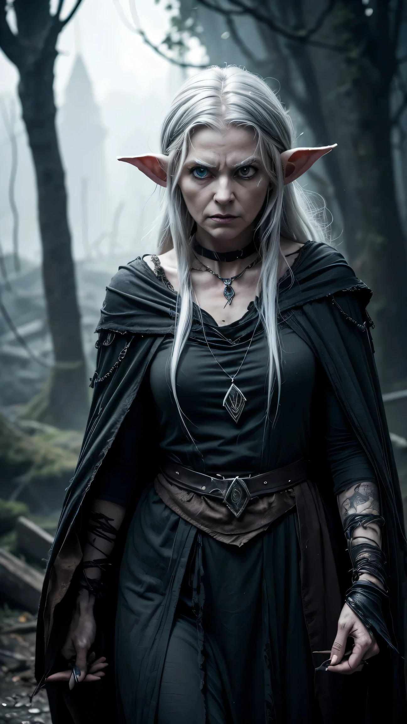 Create an image of a scary, short, little old white-haired witch standing in a dark forest. She is wearing a tattered black cloak and has a menacing expression, with her white hair tangled and wild. The forest around her is dimly lit, with gnarled trees and mist swirling in the background, evoking a sense of medieval dark fantasy."