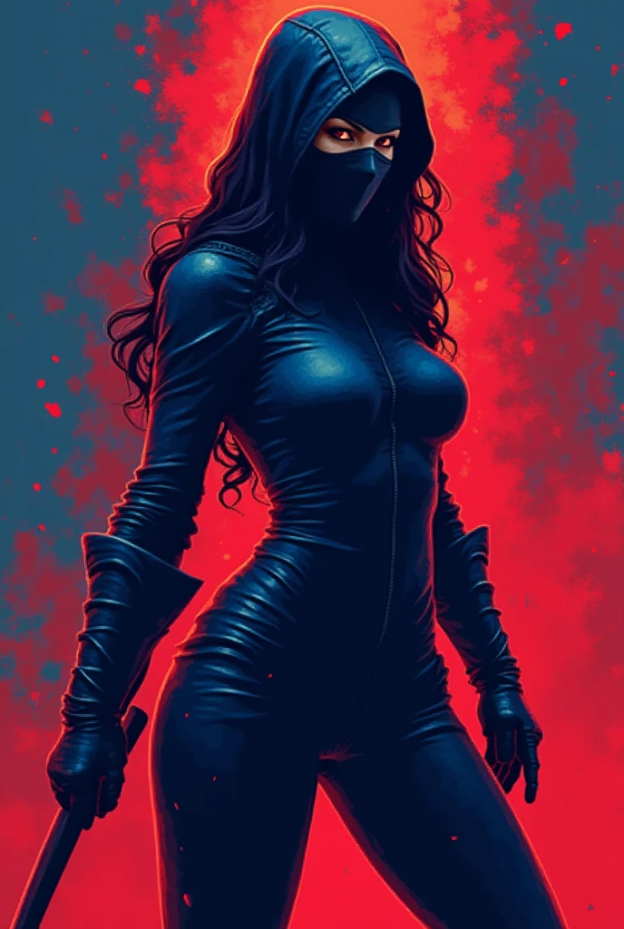 A beautiful woman with mesmerizing blue eyes, long, straight, jet-black hair, she is very beautiful, Wide hips, big breasts, He wears a tight black combat suit, which has a V-neckline, They have a respirator mask to breathe in bombs, She leaves a luxurious mansion, fire and green mist surround her. With blood on her face and hands. megan fox. animated art