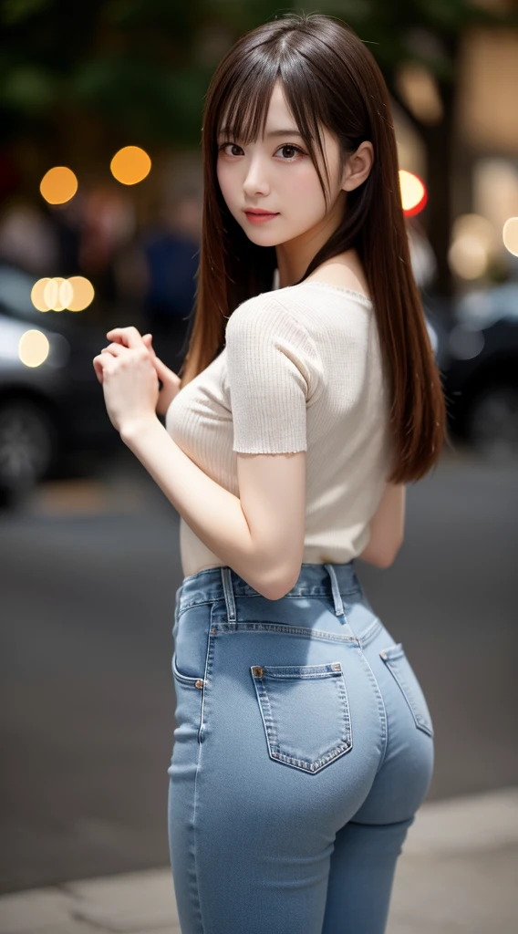 (masterpiece、High level image quality、high quality).big and full breasts、smooth skin、beautiful japanese woman、action、dangerous、mysterious beauty、cool woman、double eyelid、sparkling hair and eyes、hard boiled、black leather jumper、jeans、beautiful feet、Those who can not、model、