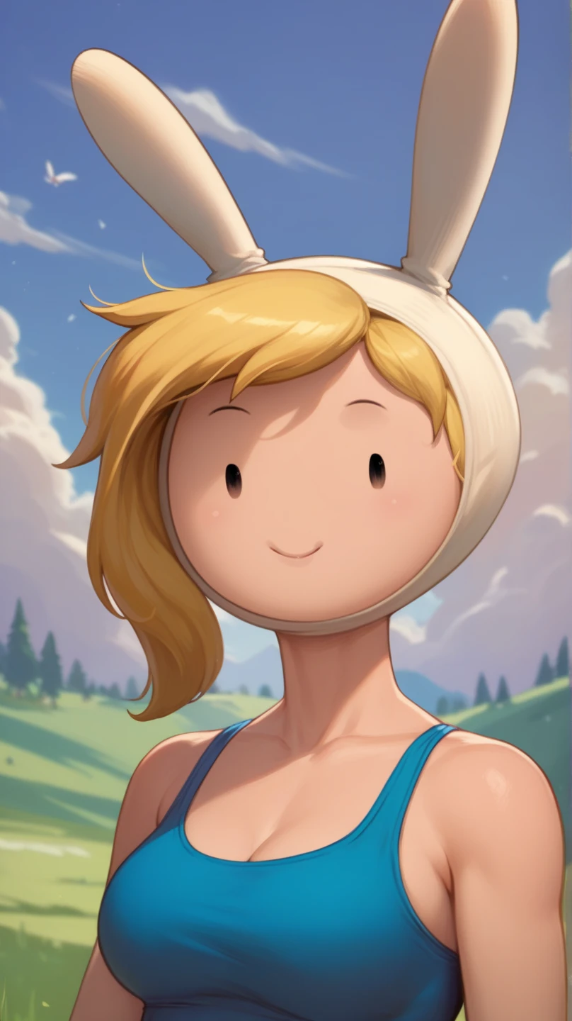 FionnaTheHuman,1girl, fionna_the_human_girl, animal_ears, backpack, bag, black_eyes, blonde_hair, blue_shirt, buck_teeth, hair_over_one_eye, looking_at_viewer, open_mouth, rabbit_ears, shirt, simple_background, smile, solo, teeth, upper_body, breasts, genderswap, genderswap_\(mtf\), 3d <hypernet:FionnaTheHuman:1>