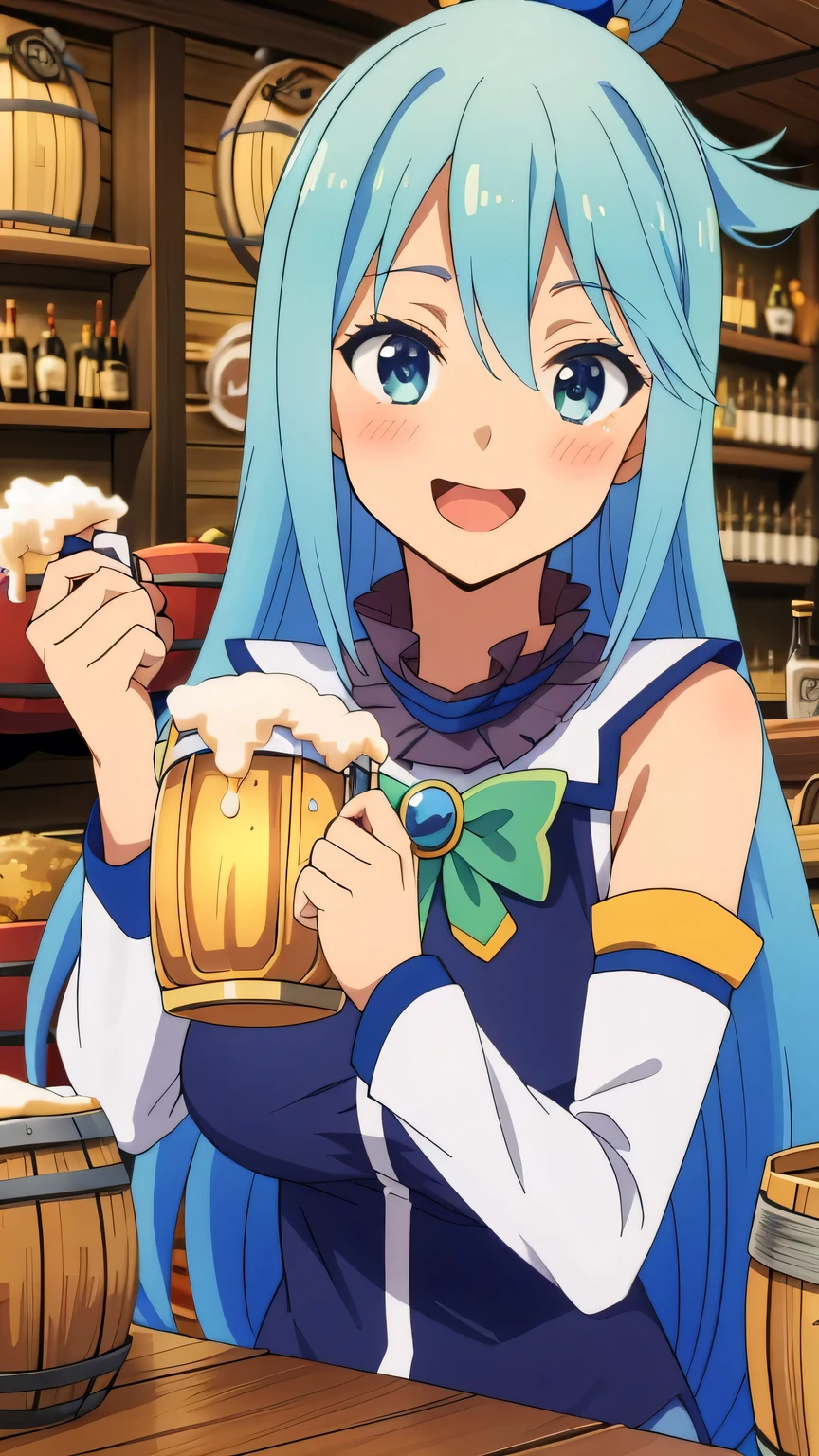 {{{masterpiece}}}, (best quality:1.5), (ultra-detailed:1.5), {illustration}, {{an extremely delicate and beautiful}}, (beautiful detailed eyes:1.6), absurdres, highres, extremely detailed face, 16k, hd, visual anime de uma jovem mulher, extremamente bonito rosto de anime, anime melhor garota, (perfect hands, perfect anatomy), anime face, aqua (konosuba), 1girl, cute face, long hair, blue eyes, hair ornament, very long hair, blue hair, half up, bangs, sidelocks, hair rings, hair bobbles, large breasts, BREAK, blue vest, shirt tuck out, white collar, green bow, bare shoulders, detached sleeves, white sleeves, BREAK, indoors, guild, medieval tavern, table, smile, open mouth, lots of food on table, drink beer, (((beer, bar (place), barrel mug, holding beer mug, holding))), drunk, banquet, sitting in chair