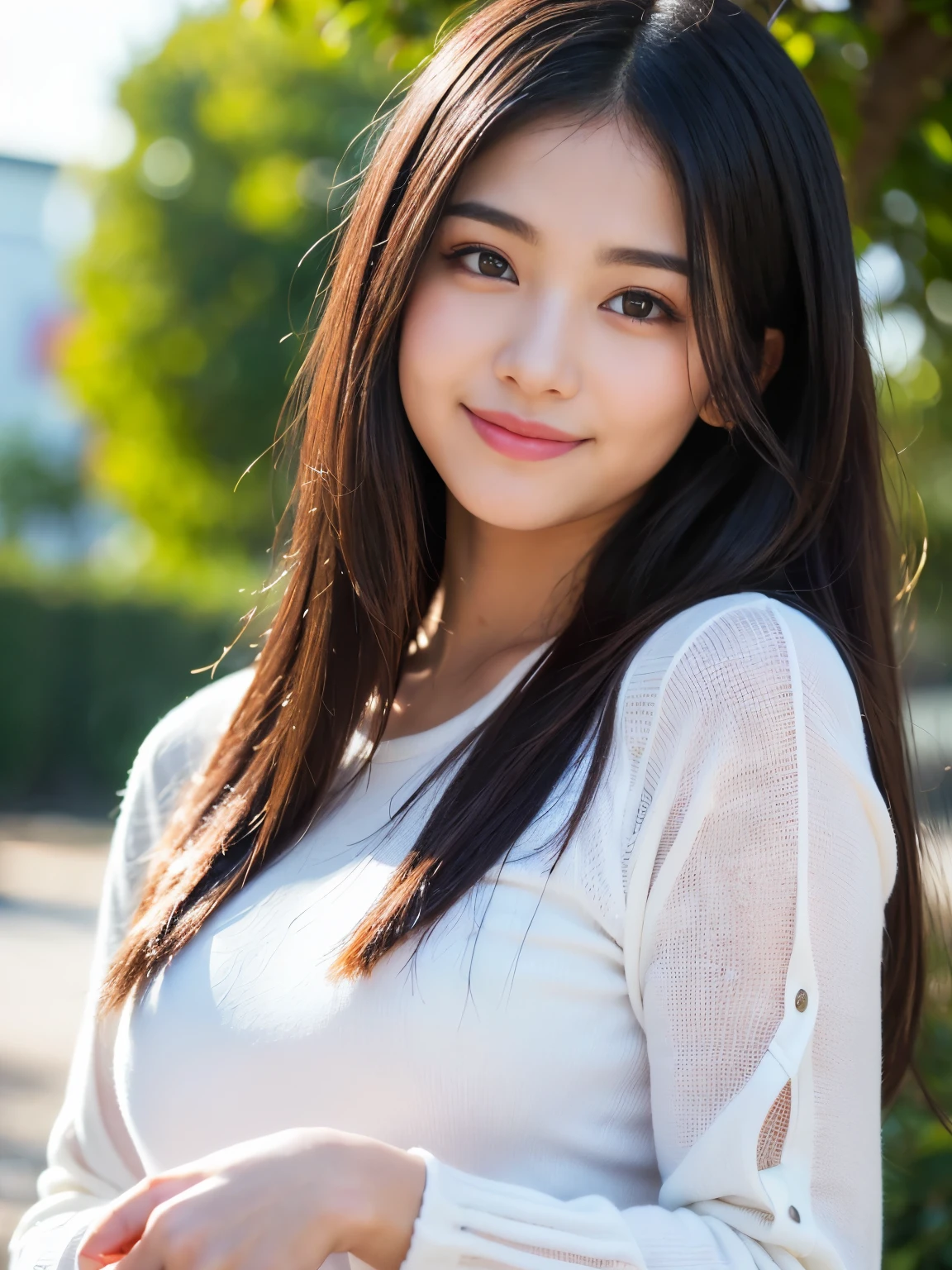 highest quality, figure, super detailed, finely, High resolution, 8k wallpaper, 完璧なダイナミックな構figure, beautiful skin, (big eyes), 20 year old beautiful girl, natural color lip, (sexy pose), Mid chest, smile, Highly detailed face and skin texture, Detailed eyes, Double eyelid,leaking teeth and laughing, close-up, long brown hair, (black jacket), (shirt:1.2), tree-lined avenue