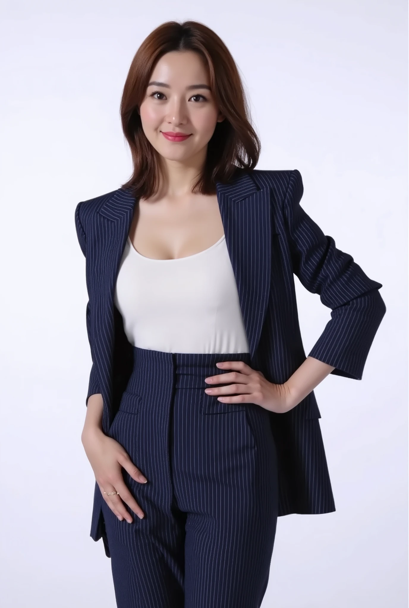 A beautiful woman, wearing a navy blue pinstripe suit and a white square necked top with one hand on her hip, smiling at the camera. This is a professional, high quality photograph.