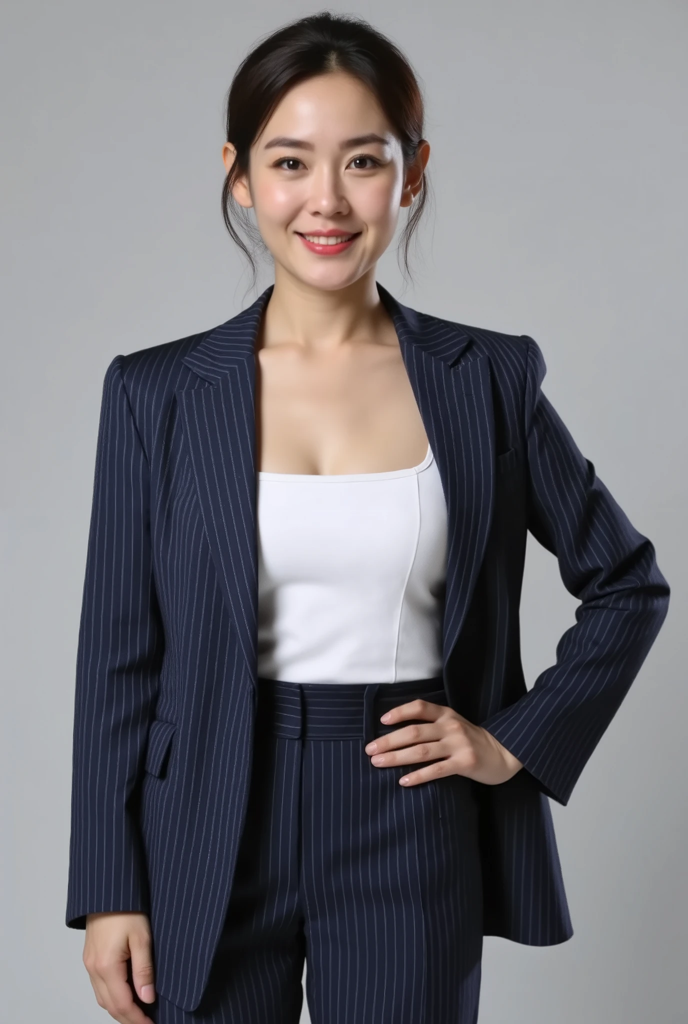A beautiful woman, wearing a navy blue pinstripe suit and a white square necked top with one hand on her hip, smiling at the camera. This is a professional, high quality photograph.
