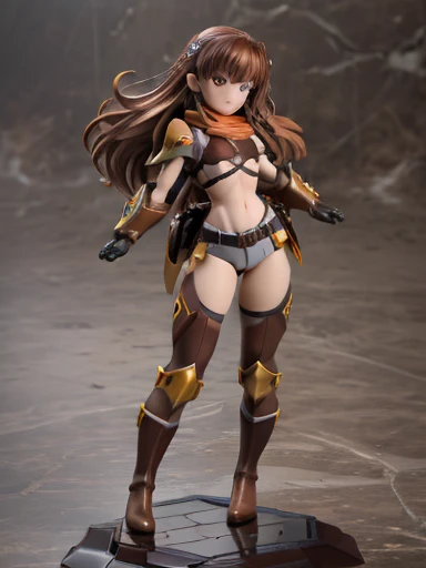 ((best quality)), ((masterpiece)), (detailed), 1 girl, full body, 20s, young adult, brown aviator helmet, spiked helmet, evil smile, metallic pixie ears, long white scarf, gremlin, wavy brown hair with a lock, brown neck, somewhat short, very thin, hunched over, long metal claws, spikes on forearms, brown details, brown fingerless gloves, brown wrist guards, brown nanotech suit, light armor, brown chest with an emblem, high shoulder pads, orange suit with brown stripes, brown tiger stripes, triangular emblem on chest, very small breasts, blue emblem, orange pants, brown knee pads, metallic brown boots, metallic brown shoes, brown superhero belt, standing on a building, city background, anime, holding a spiked ball