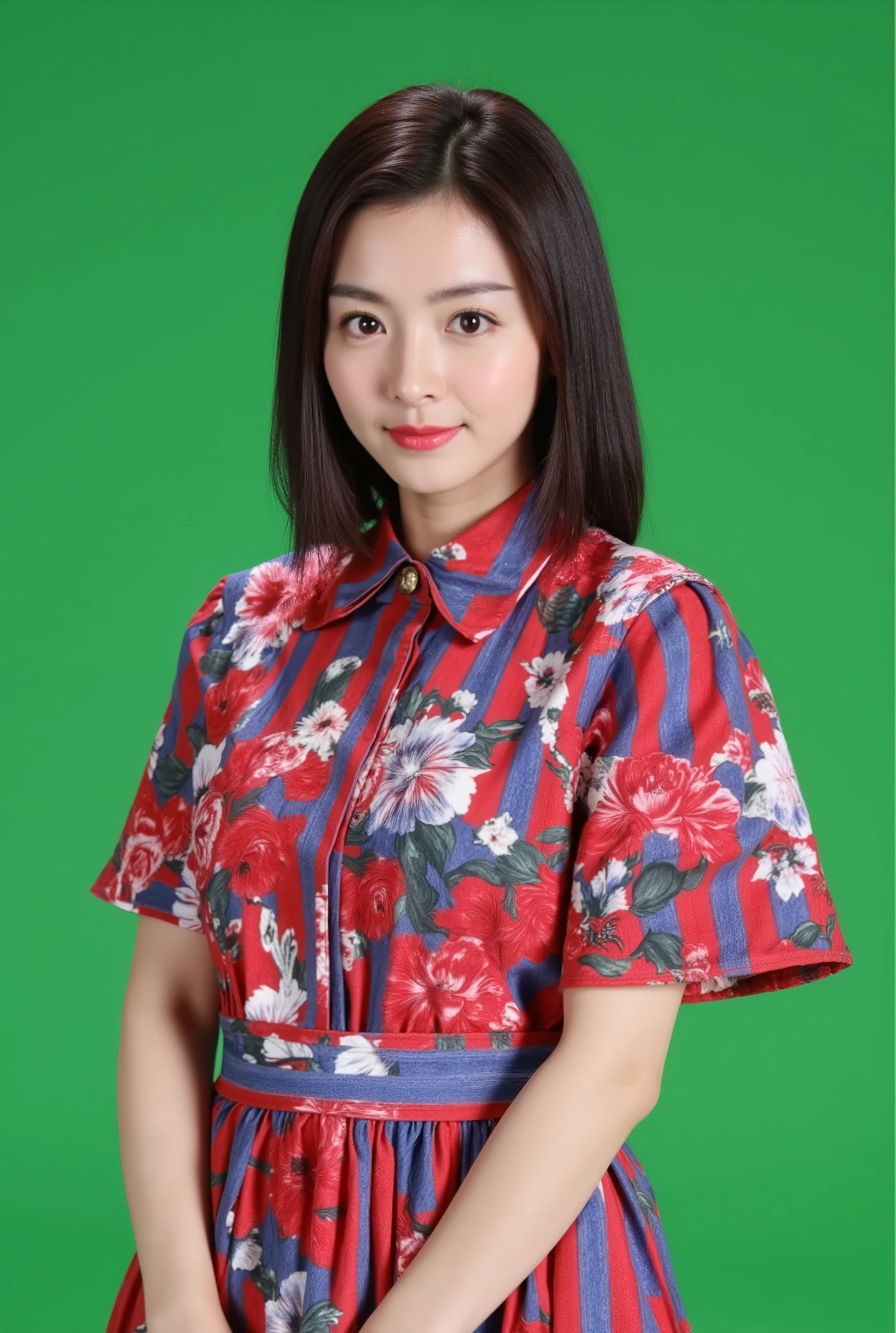 Portrait of a beautiful Korean woman with straight hair, wearing a floral red and blue striped shirt dress, posing for a photo in front of a green screen background, a close up shot, looking at the camera, high resolution, in the style of Canon EOS R6 Mark II Mirrorless.