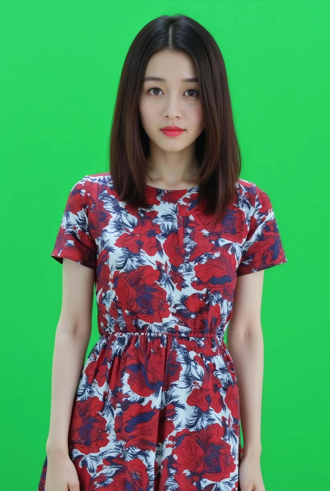 Portrait of a beautiful Korean woman with straight hair, wearing a floral red and blue striped shirt dress, posing for a photo in front of a green screen background, a close up shot, looking at the camera, high resolution, in the style of Canon EOS R6 Mark II Mirrorless.