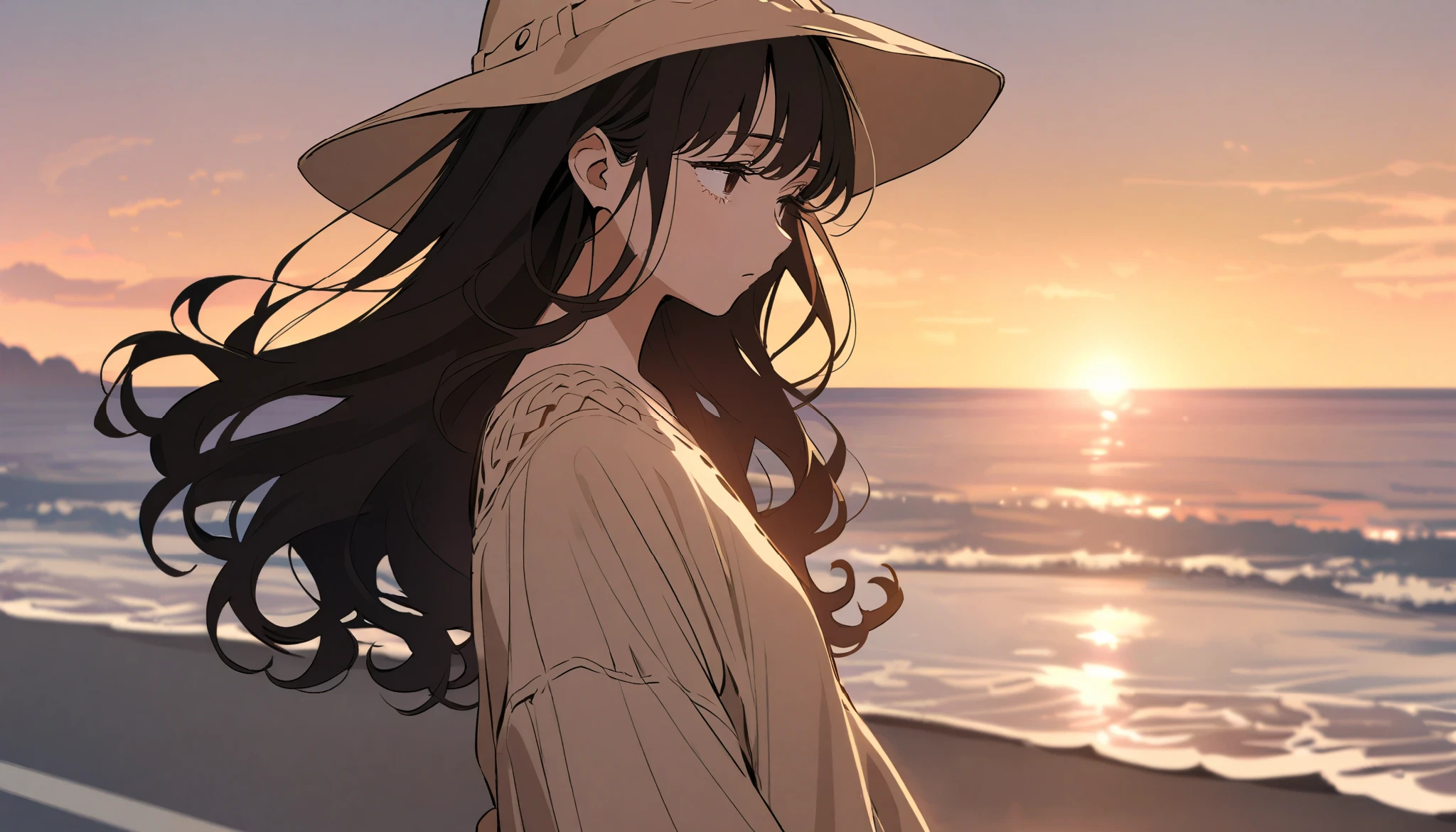 Beige bucket hat, long black straight curly hair, narrow eyes, loose off-white knit, long brown wrap skirt, standing lost in thought, on a road by the sea at sunset
Summer Again