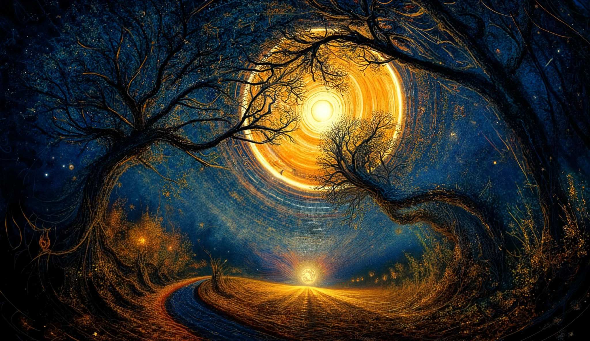 a striking night scene with a large, luminous moon surrounded by swirling patterns of stars and vibrant colors. In the foreground, silhouetted tree with intricate branches create a dramatic contrast against the bright backdrop. A winding path leads towards a gentle glow, suggestive of a warm light in the distance, creating an inviting atmosphere. The color palette is rich and dynamic, combining deep blues, yellows, and oranges, evoking a sense of wonder and tranquility in a fantastical setting. The overall composition has a dreamy, almost magical quality, reminiscent of classic impressionist art.