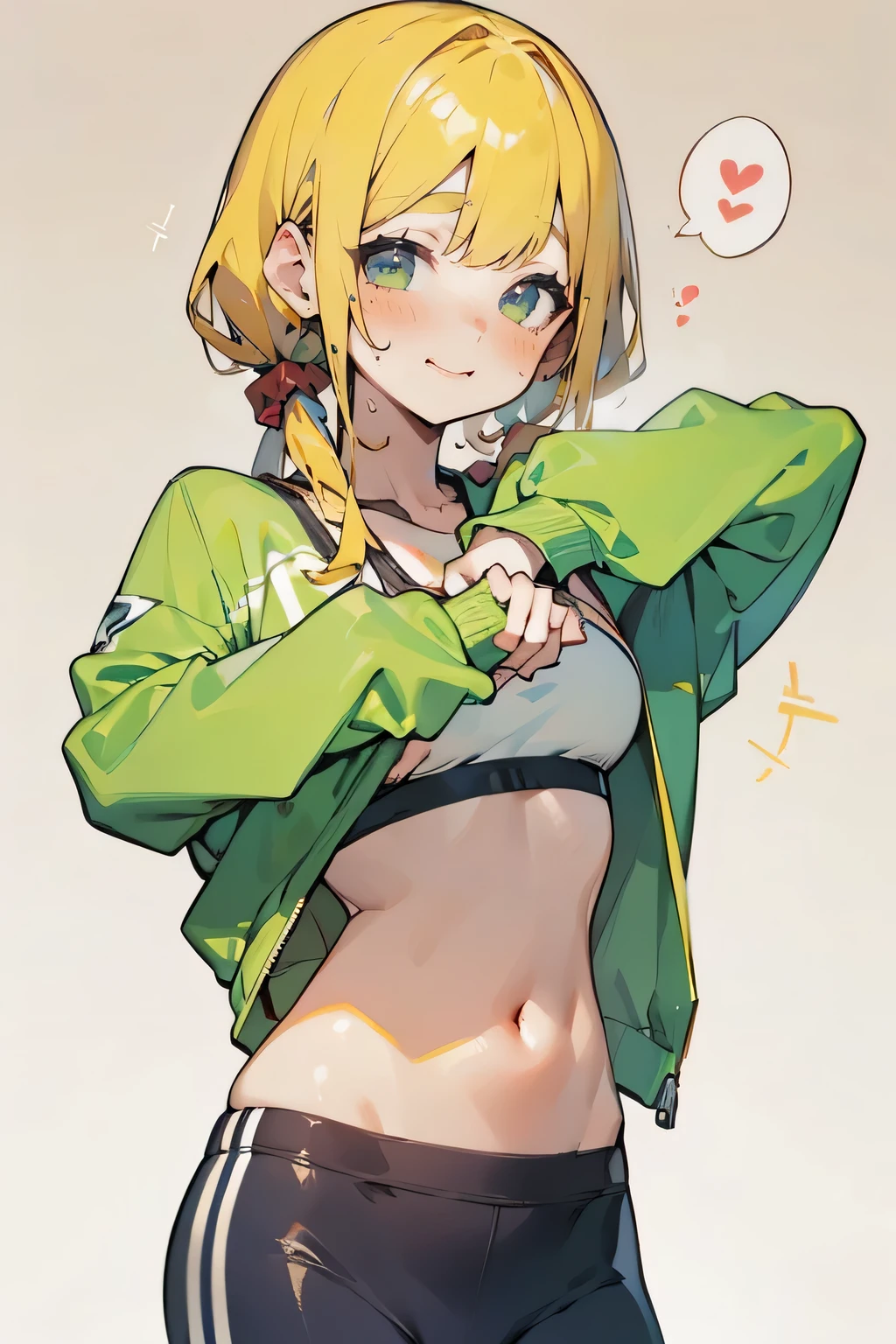 top quality, Anime style masterpiece , ( alone:1.1),Wicked Cheerleader changing clothes,Taking off his jacket, Smile, condescending face, Mole under left eye, cute freckles , healthy skin, simple background,cute sports bra,