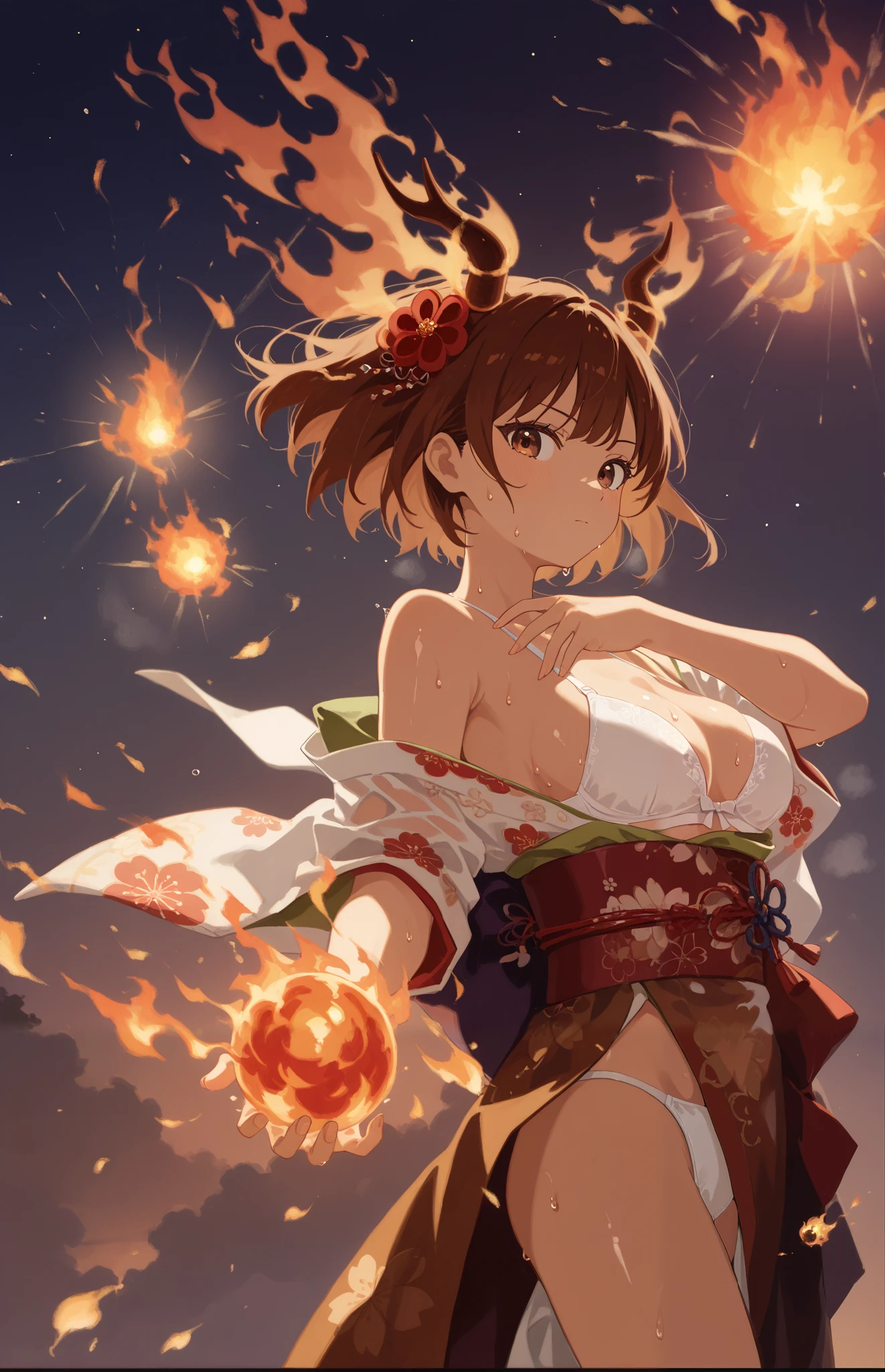 (masterpiece, best quality:1.2), shuimobysim, (1girl, solo), 20years old, upper body, (kimono, undressing, white bikini bra), (brown short hair, brown eyes), demon horns on fire, smile, (sweat:1.1), gleaming skin, Japanese ancient capital, (night sky, fire works), from side