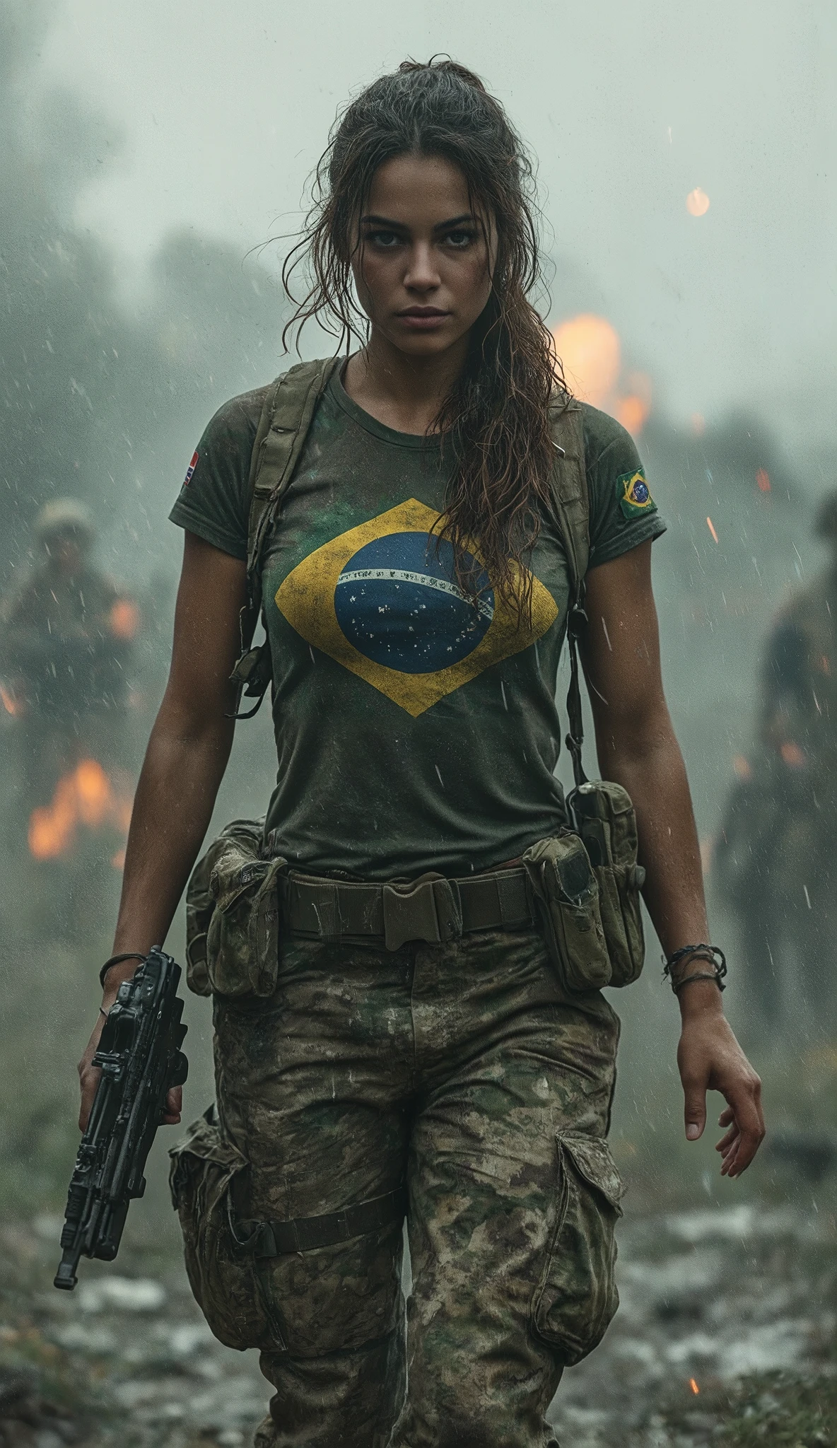 "A tall, beautiful Brazilian female soldier. Dressed in a tight, prominent T-shirt uniform combined with military cargo pants. She walks towards the camera while carrying a powerful modern weapon, and a Brazilian flag patch is clearly visible on her arm. Her long, messy hair, tied back, blows in the wind as she walks in the middle of the battlefield in the rain, ambushed by enemy soldiers. The tense atmosphere of the ambush is intense and cinematic, with the sound of gunfire, smoke, and explosions in the distance. She remains calm and focused, prepared to fight her way out of the situation. The scenes are incredibly realistic, with detailed textures, dynamic lighting and dramatic action." Focus on the elements of the Brazilian Army and the Brazilian flag, leaving behind the logos of other flags and the American flag. Sealin Brazil