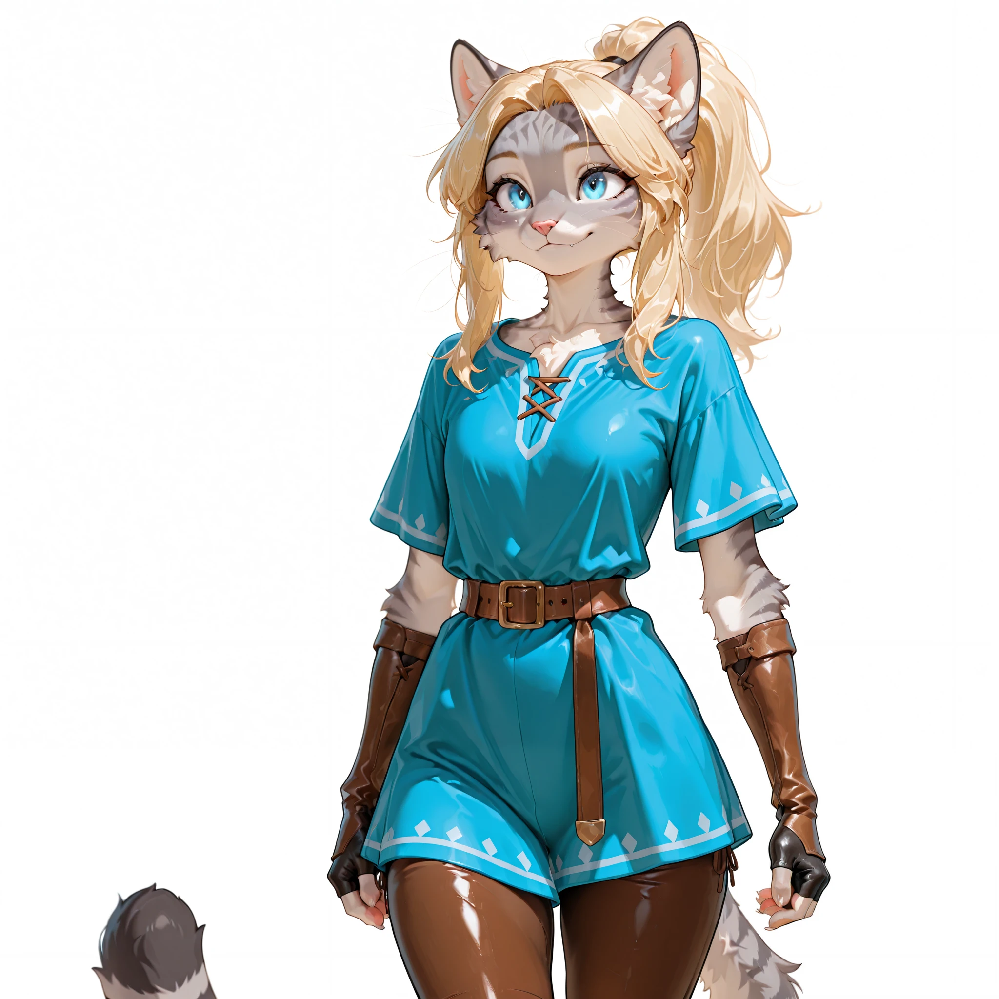 masterpiece, best quality, amazing quality, high resolution, absurdres, newest, solo, countershading, kat,adult female, Anthro furry feline, blue eyes, grey striped fur, , small chest size, cheek fluff, blonde hair, ponytail hair, wearing blue tunic, arm length leather fingerless gloves, brown belt, brown tight pants, , , plain white background, standing,