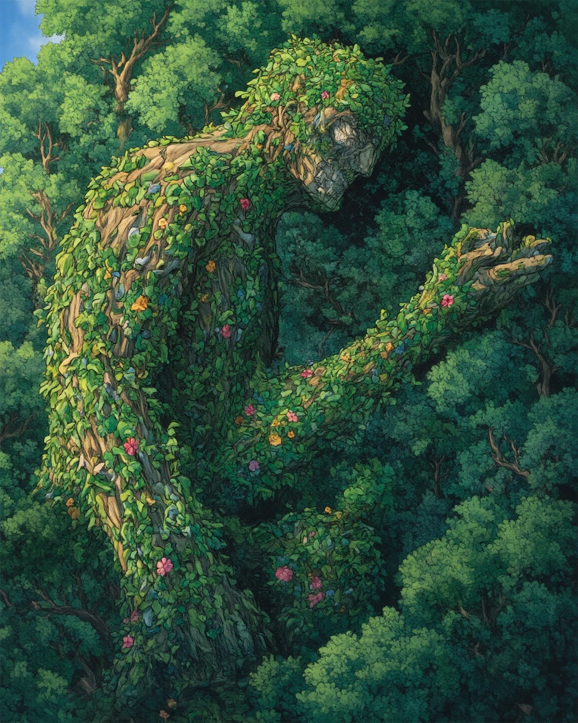 photo of a giant covering the forest ,  what looks like a giant covering the whole forest ,  Giant by Studio Ghibli Design 々 design with flowers growing , pose reaching for something ,Elden Ring Giants , The giant's body is covered with moss and ivy and the tree {x} has a mystical atmosphere integrated with nature,Aerial photo ,  experimental composition  , fantastic atmosphere of the sunset , backlit giant ,  natural material （Stone and wood ） ornaments made of the body , Amazing Painted Art , Small picture of a traveler on horseback , dark fantasy concept art , rpg concept art , High Definition Character Detailed Images  ,  rpg concept art , Elden Ring Video Game Character Art,Highly detailed line art, Low Saturation but Vivid Ink Drawing ,So unrealistic, full color illustration