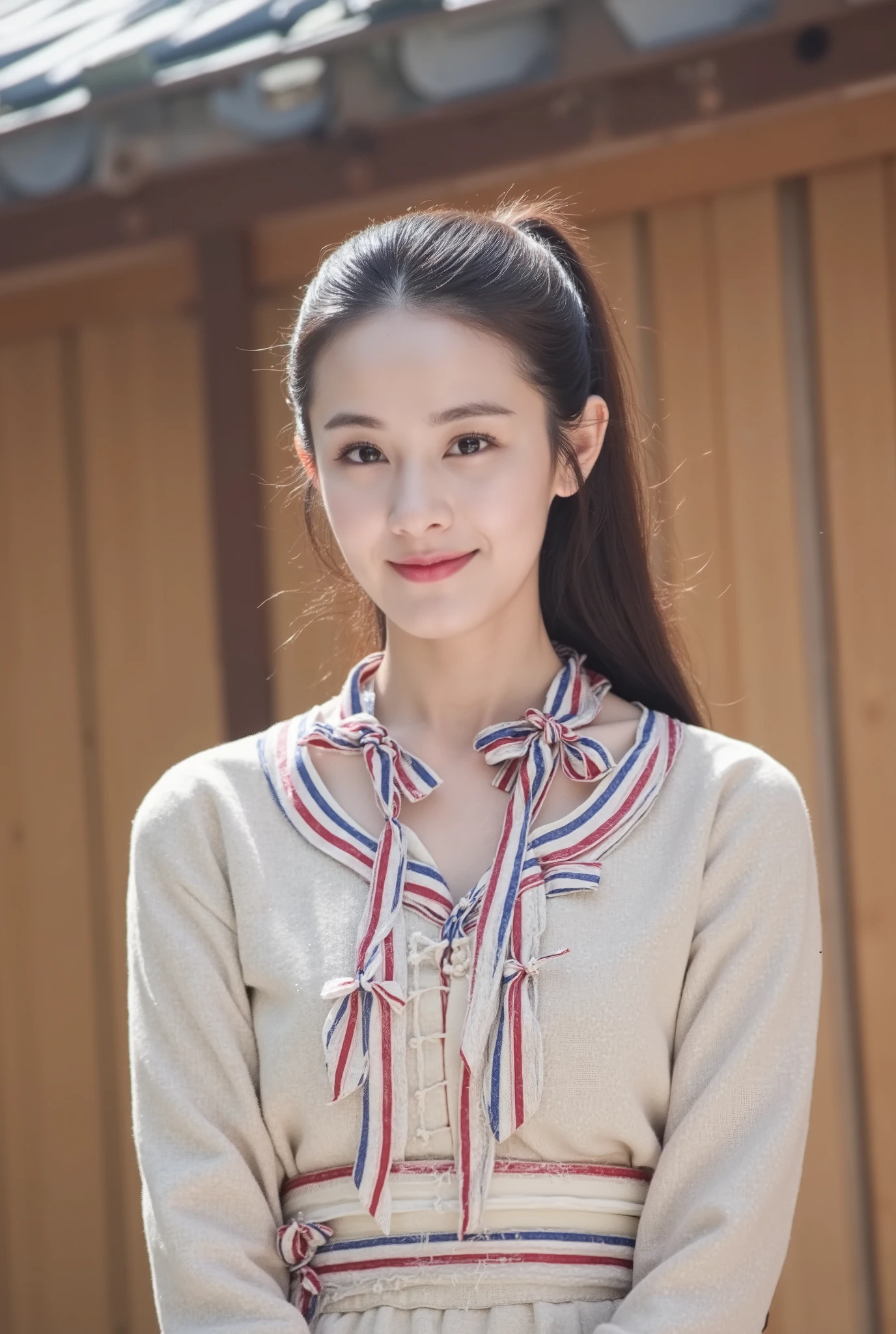 A young and beautiful Korean woman wearing an elegant beige dress with red, white, and blue stripes around the neck and waist of her blouse. She has long hair tied to one side with two ribbons attached to bows at chest level. The background is a simple wooden wall, with natural light illuminating her face from above. Her expression appears confident or happy as she poses for a photoshoot.