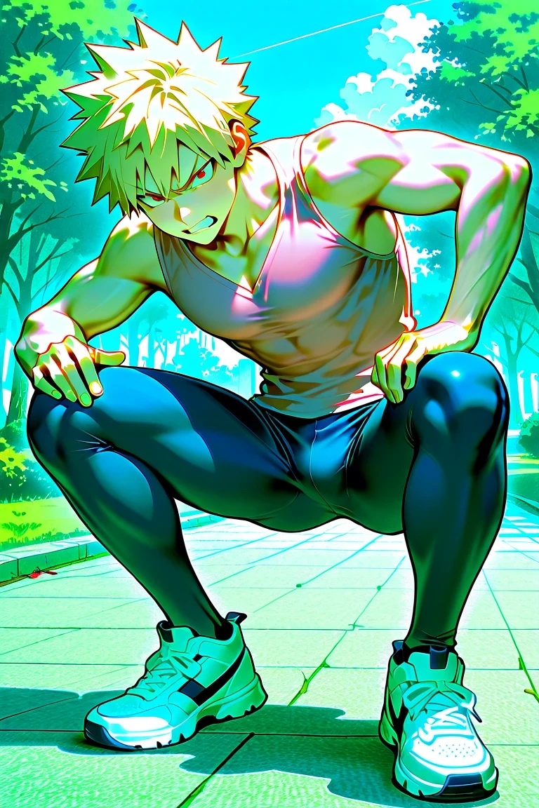Highest quality、Highest quality、High resolution、(muscular male:1.5)、(father:0.5)、guy、Blonde、Brown skin、Short Hair、Sports haircut、short hair、squatting、spread legs、arms behind head、sweat、steam