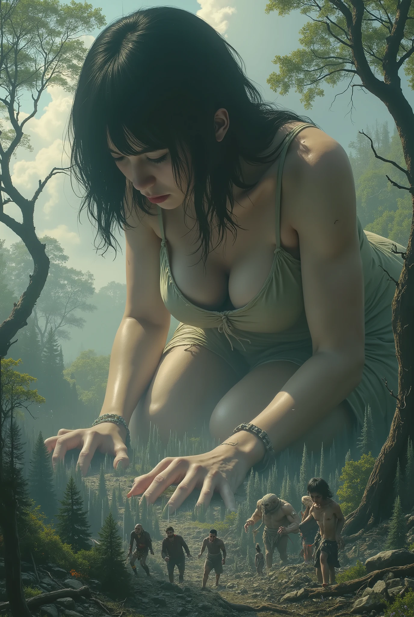 beautiful, strong, muscular woman, mega huge giant much bigger than the trees in the forest, dressed in caveman-like fabrics.
the fleeing forest dwarves.
dark horror creepy forest sea.