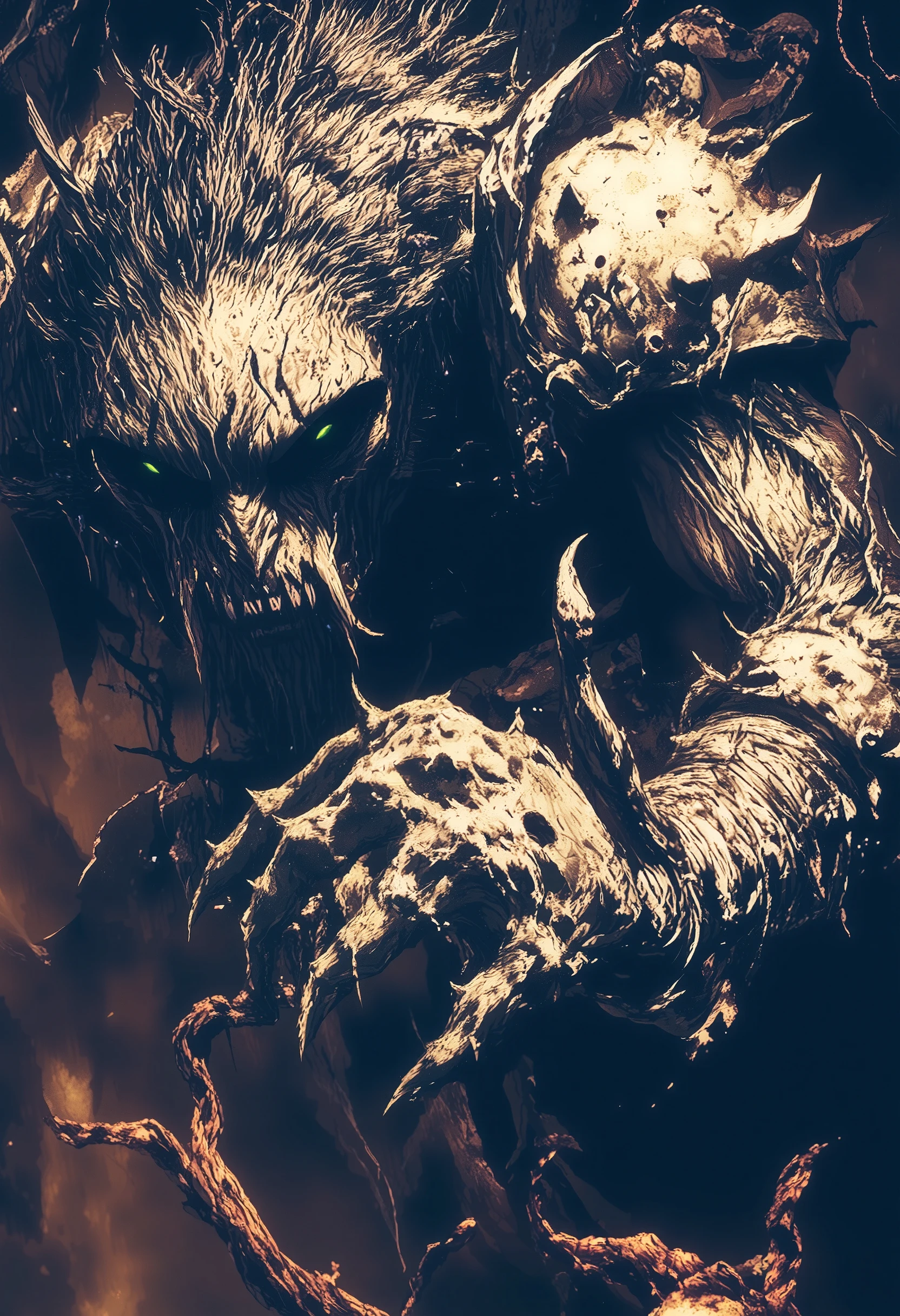 Mysterious Forest Giant gigante hecho de barro y ramas enorma gigante, los arboles son pequeños al lado de el:1.5, scanlines, backlighting, reflection light, ray tracing, UHD, retina, masterpiece, accurate, anatomically correct, textured skin, super detail, high details, high quality, award winning, best quality, highres, 1080P, HD, 16k