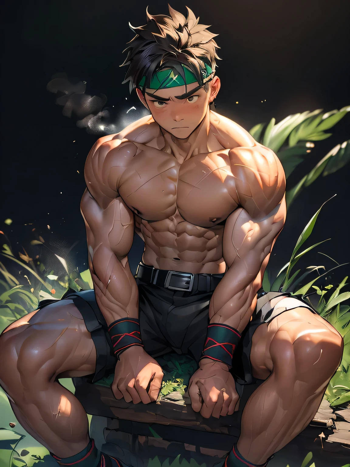 ((masterpiece, best quality)), (((((Black Background, Dark night, (Depth of field:1.2), fighter stance))))), (1 boy, Young guy, muscler, Shirtless, topless), ((((Wounded, exhausted, relax, 1boy, solo, tough, reliable, steam, Sitting with Knees Up:1.2)))), (Dark Short straight hair, ((almost completely shaved hair)), under cut, Glossy skin), (((red headband, black wristband, belt))), Vivid colors, ((big breast, big shoulder, muscular body, sturdy body, defined round and fleshy pecs, defined round and fleshy ABS, defined round and fleshy armsmuscular, well-defined muscles, developed body, toned body, shouldermuscler)), muscler!, muscler body, detailed face, detailed muscle, (((rippling muscles, Flowing energy, wearing wind to emphasize the power of his aura, Highlight his aura, blue and green aura effect, wearing energy stream, athretic body)))
