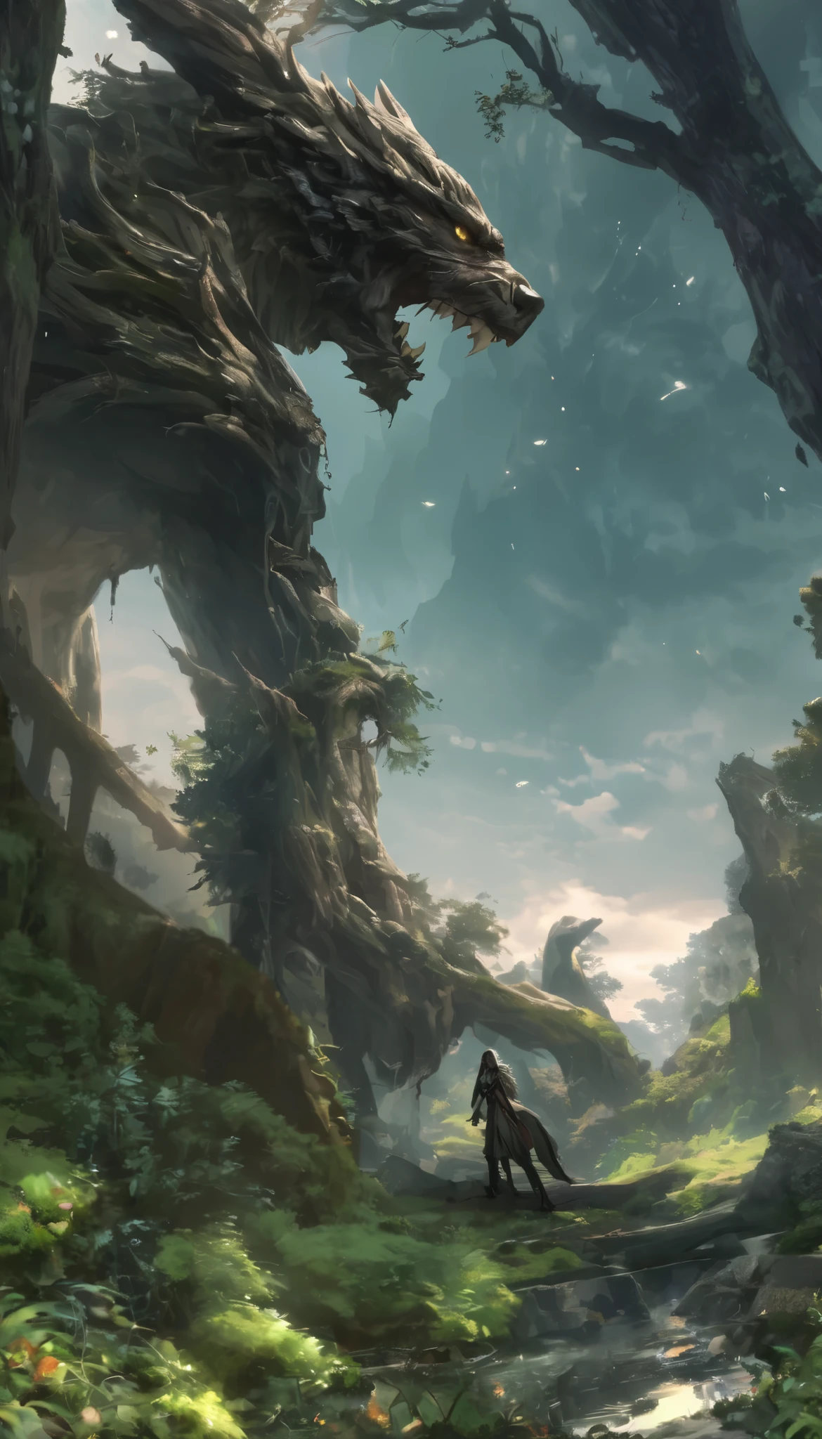 There is a man standing in front of a giant dragon in the woods - SeaArt AI