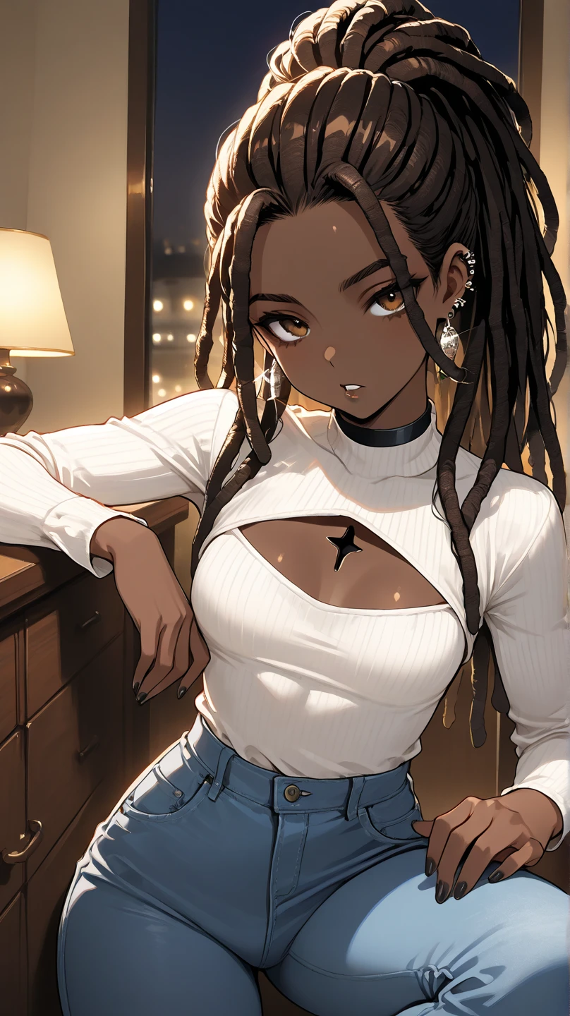 Cute 3d image of an african girl with dreadlocks hip hop trend character , cleavage, thigh, short skirt, sexy