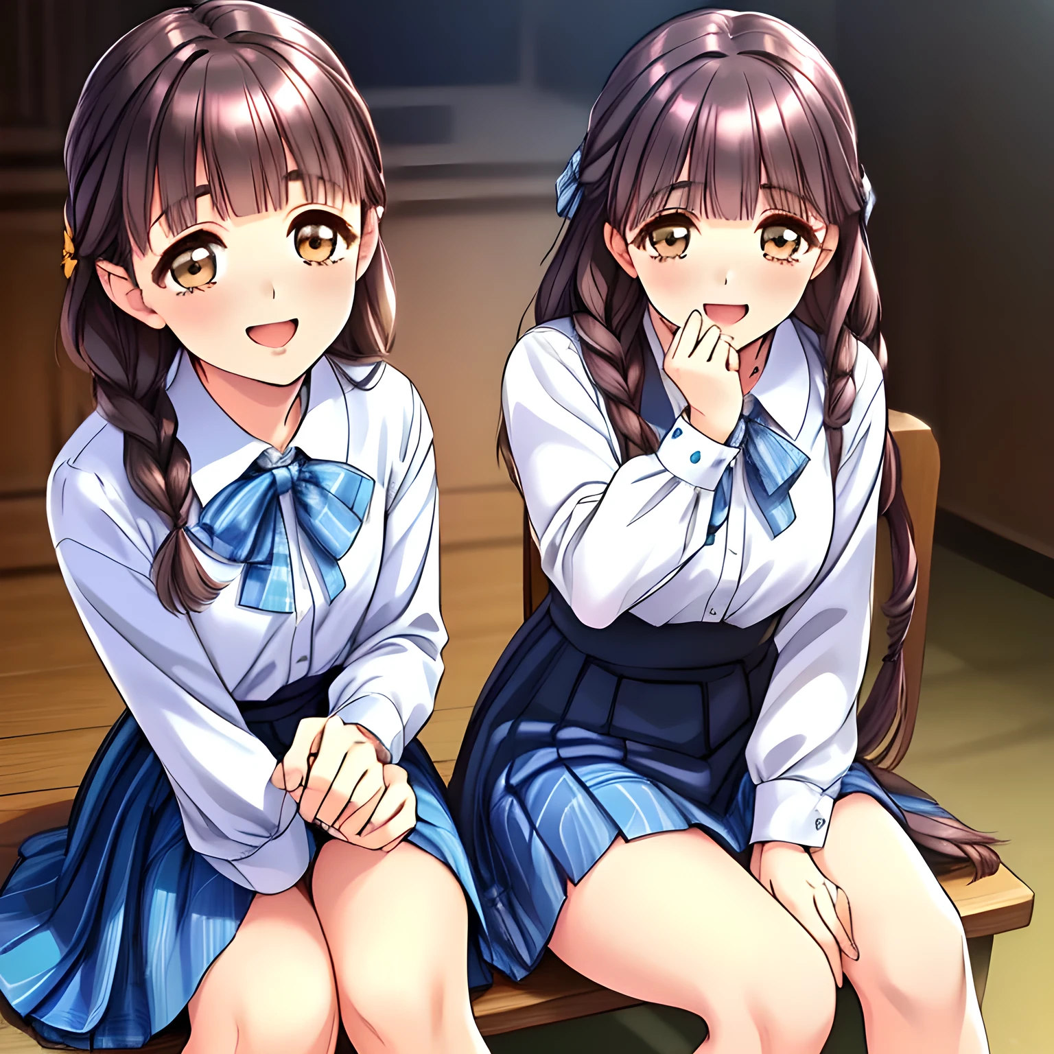 (highest quality, masterpiece:1.2), highest quality, High resolution, 1080p, 8K, solo, (A yo beautiful pretty fashion model succubus is seated on a wooden char nobly, ((laughing at me)), (looking me down), most beloved girl in Japan, (intelligent and perfectly balanced slender style), feeling too funny, amazingly neat & clean, in peace and neat lovely strong charm, cutely tilted head, beautiful legs: 1.8), (Too noble beautiful lady like a love-story comic heroine), (laughing like watching a comedy), (showing a long lewd tongue), A very lovely, very noble, pretty and pure beautiful girls. ((Bursting out Laughing very elegantly)), ((white grown face)), Using expensive whitening cosmetics by cosmetics artist: 1.2), A white face that everyone loves, Glossy lips, (curled) bangs, (Too beautiful blue fascinating shiny (double-lidded) (brown eyes) with love to the viewer, ((deep upper girly eyelid)), laughing with detailed clearly: 1.5), ((amazingly beautiful long black tight twin-braids hair: 1.5)), (Sailor-style school uniform, (Neat smart (white school blouse))): 1.8), (A very neat, ((realistic), (fully tartan-checkered) pleated blue school skirt): 1.6), (too pretty shiny light-yellow realistic school ribbon): 1.5), (Shiny game heroine lips, extremely laughing open mouth: 1.0), (Ribbon in (black hair), long thin braids, The ribbon is big and very pretty), (Tight waist, slender like a beautiful fashion model: 1.5), (The background is (plain black space with lovely heart stars) to emphasize her fascination: 1.8), (The lady knows well about the viewer's super fetishism for school uniforms, and satisfies it completely in the viewer's lewd dream: 1.7), (beautiful neat fascinating cute noble atmosphere in a high school only for beautiful ladies to learn how to be charming: 1.8)