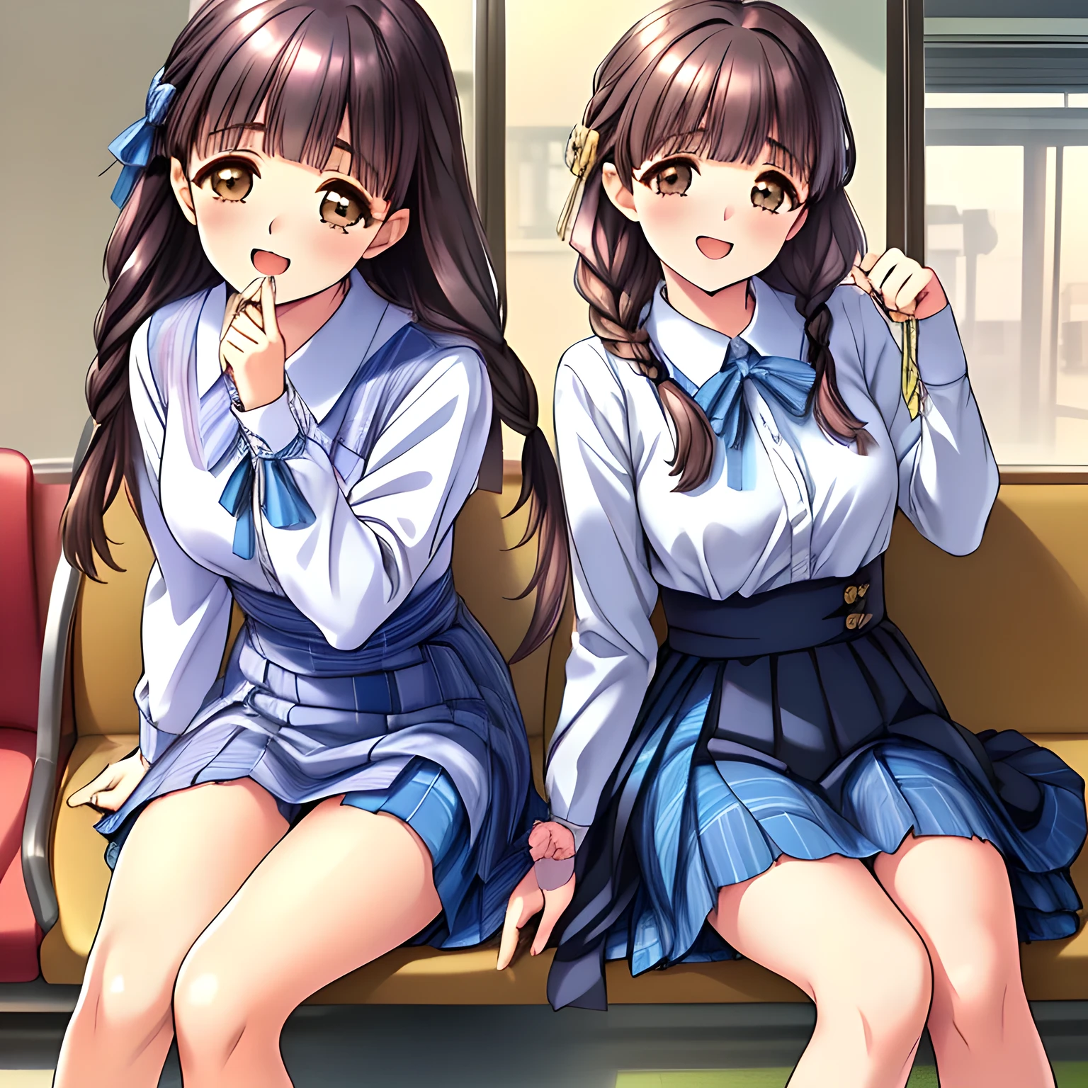 (highest quality, masterpiece:1.2), highest quality, High resolution, 1080p, 8K, solo, (A yo beautiful pretty fashion model succubus is seated on a train sheet nobly, ((laughing at me)), (looking me down), most beloved girl in Japan, (intelligent and perfectly balanced slender style), feeling too funny, amazingly neat & clean, in peace and neat lovely strong charm, cutely tilted head, beautiful legs: 1.8), (Too noble beautiful lady like a love-story comic heroine), (laughing like watching a comedy), (showing a long lewd tongue), A very lovely, very noble, pretty and pure beautiful girls. ((Bursting out Laughing very elegantly)), ((white grown face)), Using expensive whitening cosmetics by cosmetics artist: 1.2), A white face that everyone loves, Glossy lips, (curled) bangs, (Too beautiful blue fascinating shiny (double-lidded) (brown eyes) with love to the viewer, ((deep upper girly eyelid)), laughing with detailed clearly: 1.5), ((amazingly beautiful long black tight twin-braids hair: 1.5)), (Sailor-style school uniform, (Neat smart (white school blouse))): 1.8), (A very neat, ((realistic), (fully tartan-checkered) pleated blue school skirt): 1.6), (too pretty shiny light-yellow realistic school ribbon): 1.5), (Shiny game heroine lips, extremely laughing open mouth: 1.0), (Ribbon in (black hair), long thin braids, The ribbon is big and very pretty), (Tight waist, slender like a beautiful fashion model: 1.5), (The background is (plain black space with lovely heart stars) to emphasize her fascination: 1.8), (The lady knows well about the viewer's super fetishism for school uniforms, and satisfies it completely in the viewer's lewd dream: 1.7), (beautiful neat fascinating cute noble atmosphere in a high school only for beautiful ladies to learn how to be charming: 1.8)