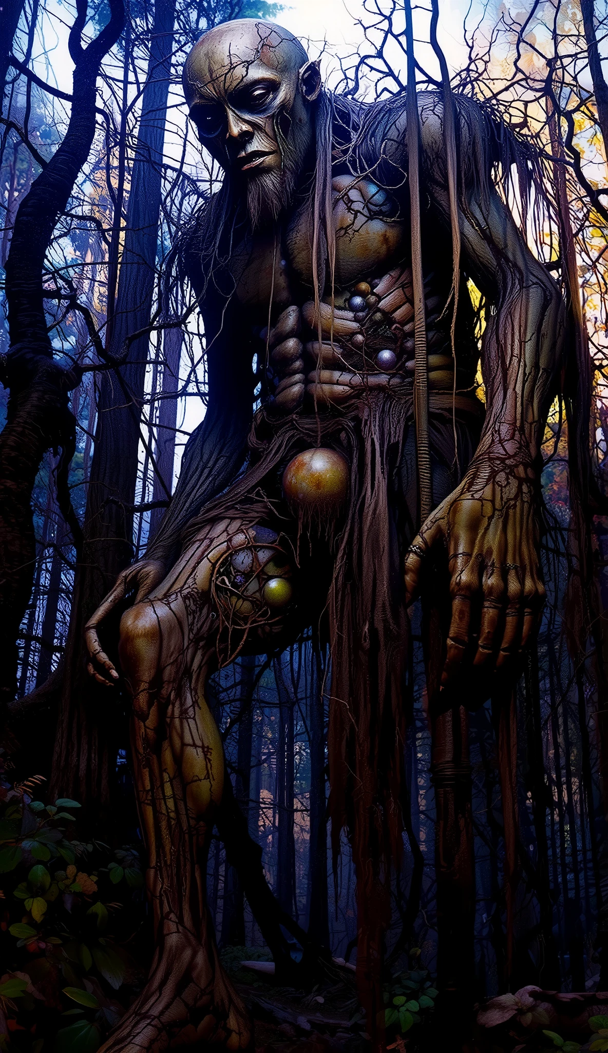 general plan , Take away from the camera , you can see the large size of the giant :1:51, Mysterious Forest Giant made of mud and branches huge giant, the trees are small next to the giant :1.5, Scanlines, backlighting, reflection light , ray tracing, UHD, Retina, masterpiece, Accurate, Anatomically correct , textured skin, Super detail, high details, high quality, award winning , best quality, highres, 1080P, HD, 16K
