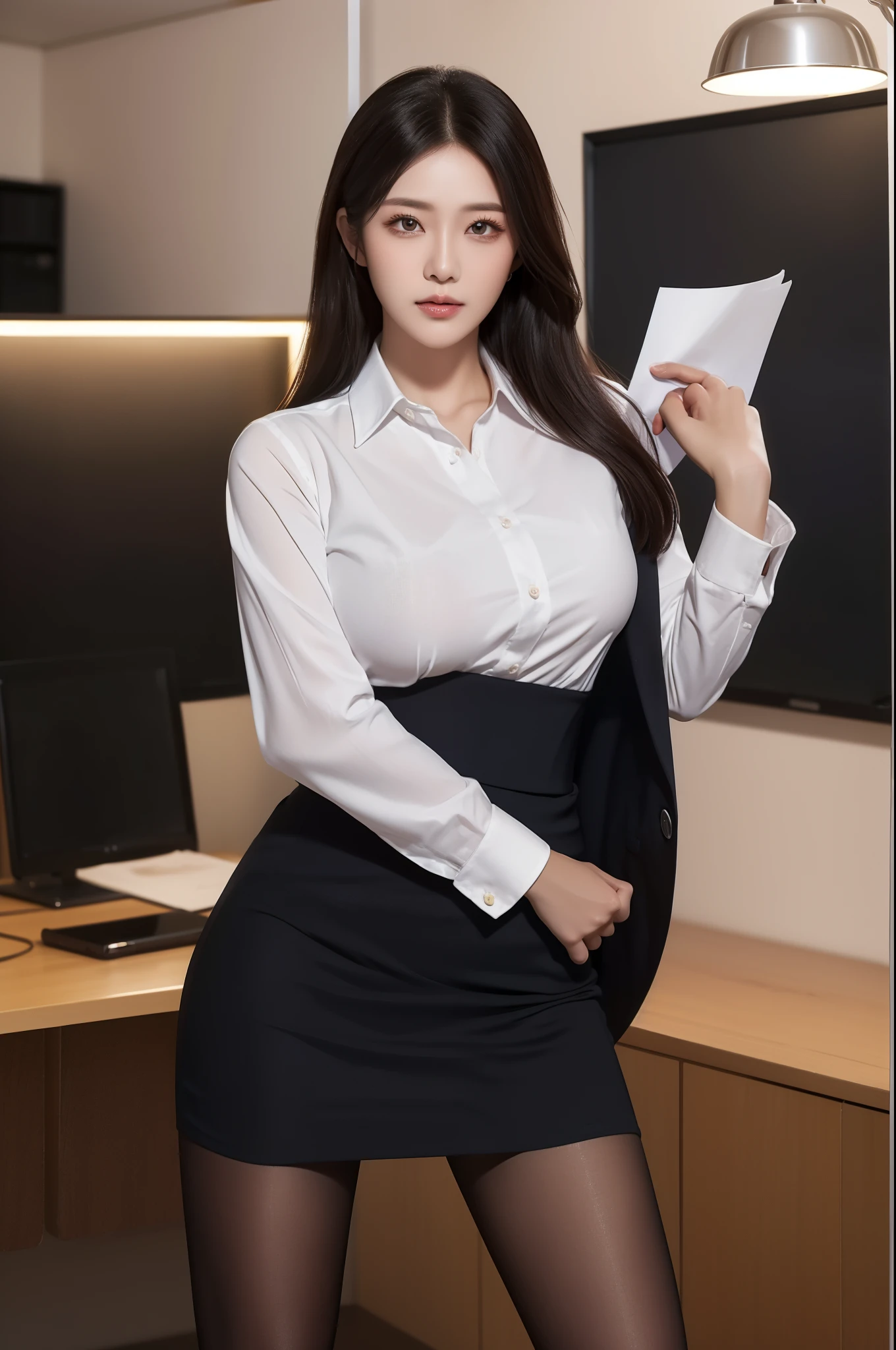 Woman walking down an office corridor, White wall, Grey table, plant, Sexy pose, Blur the background, concentrated, (((masterpiece))), ((Highest quality)), ((Intricately detailed)), ((Surreal)), Absurd resolution, Mature Woman, Mature Japanese Woman, perspective, Very detailed, figure, One girl, ((Large Breasts)), Perfect hands, Detailed fingers, Beautiful attention to detail, short hair, Black hair, brawn eyes, Name tag, chief executive officer（CEO）, (business attire:1.2), Open blazer, shirt, Tight Skirt, Black choker, Earrings, Detailed Background, Bedroom, Perfect Eyes, Seductive eyes, Looking at the audience, From the back