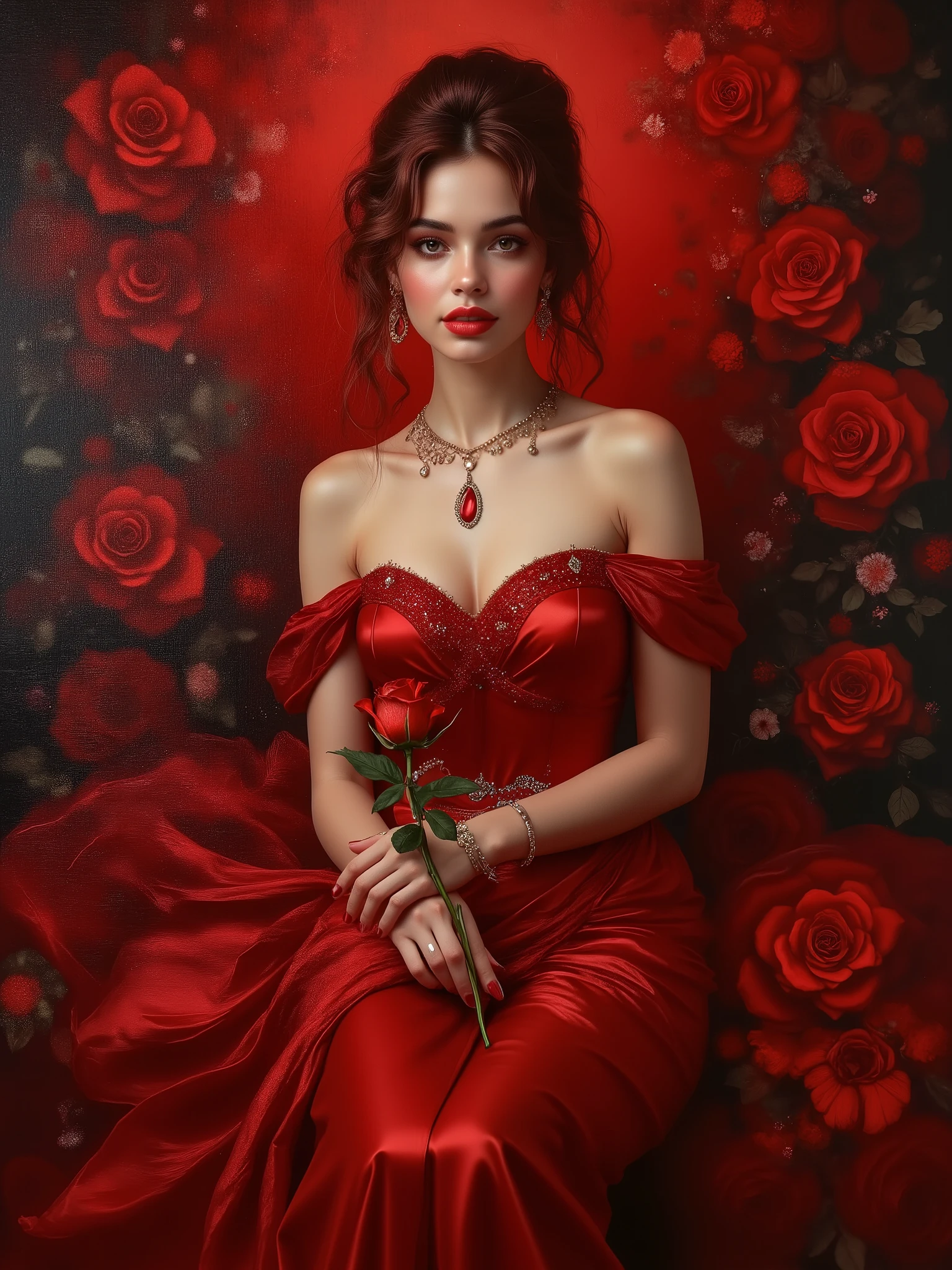 Oil painting red to black color rose shape background, oil painting with visible impressionistic strokes of A gorgeous woman, big breast deep cleavage, smiling seductively, (( look alike of Alline Haze)) in red designer saree with strapless blouse, holding a rose ,dark red hair,sitting on a bed of red roses ,,seductive pose,very confident ,very pretty, 8k Ultra HD detailed photograph.