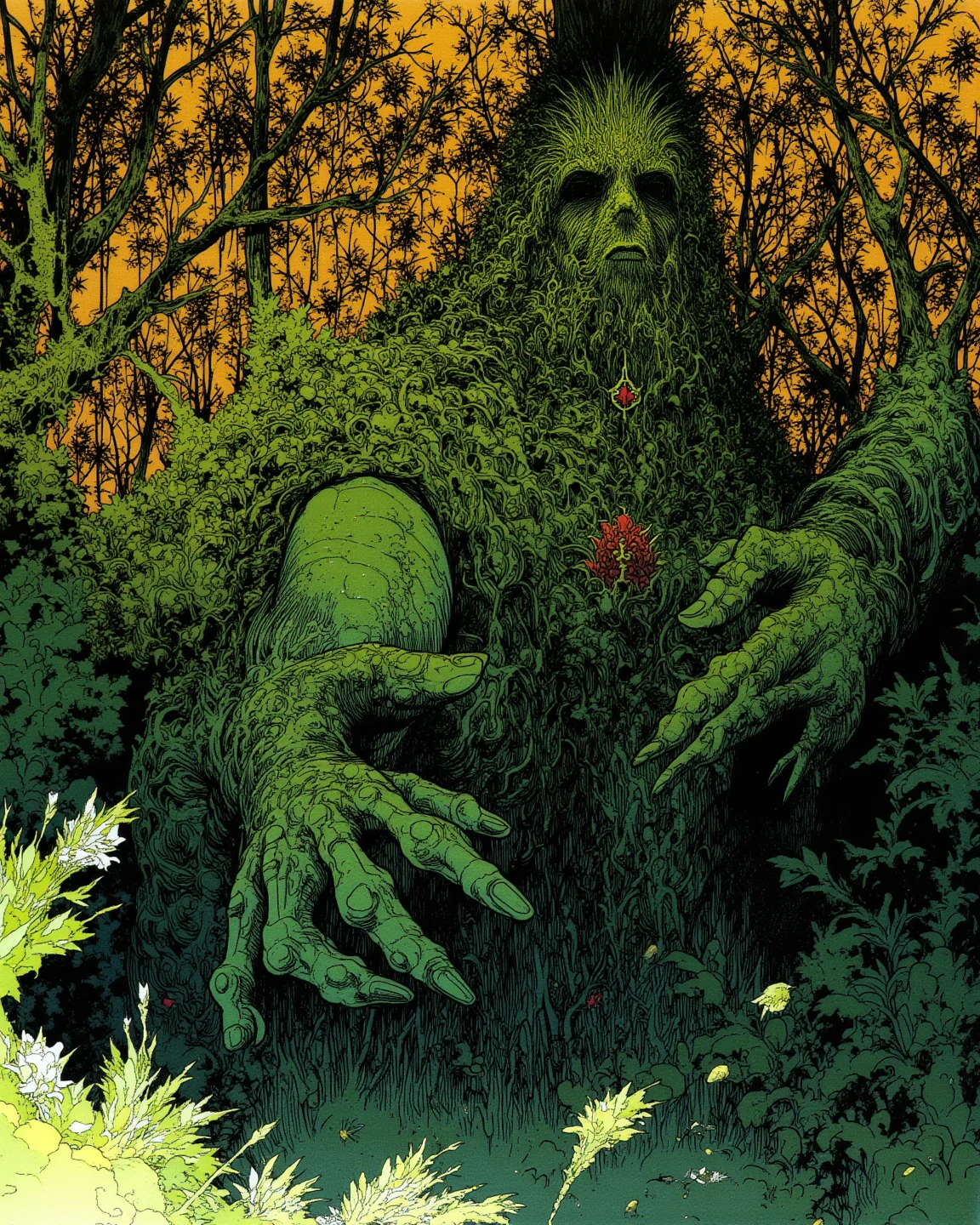  photo of a giant covering the forest ,  what looks like a giant covering the whole forest ,  Giant by Studio Ghibli Design 々 design with flowers growing , pose reaching for something ,Elden Ring Giants , The giant's body is covered with moss and ivy and the tree {x} has a mystical atmosphere integrated with nature,Aerial photo ,  experimental composition  , fantastic atmosphere of the sunset , backlit giant ,  natural material （Stone and wood ） ornaments made of the body , Amazing Painted Art , Small picture of a traveler on horseback , dark fantasy concept art , rpg concept art , High Definition Character Detailed Images  ,  rpg concept art , Elden Ring Video Game Character Art,Highly detailed line art, Low Saturation but Vivid Ink Drawing ,So unrealistic, full color illustration