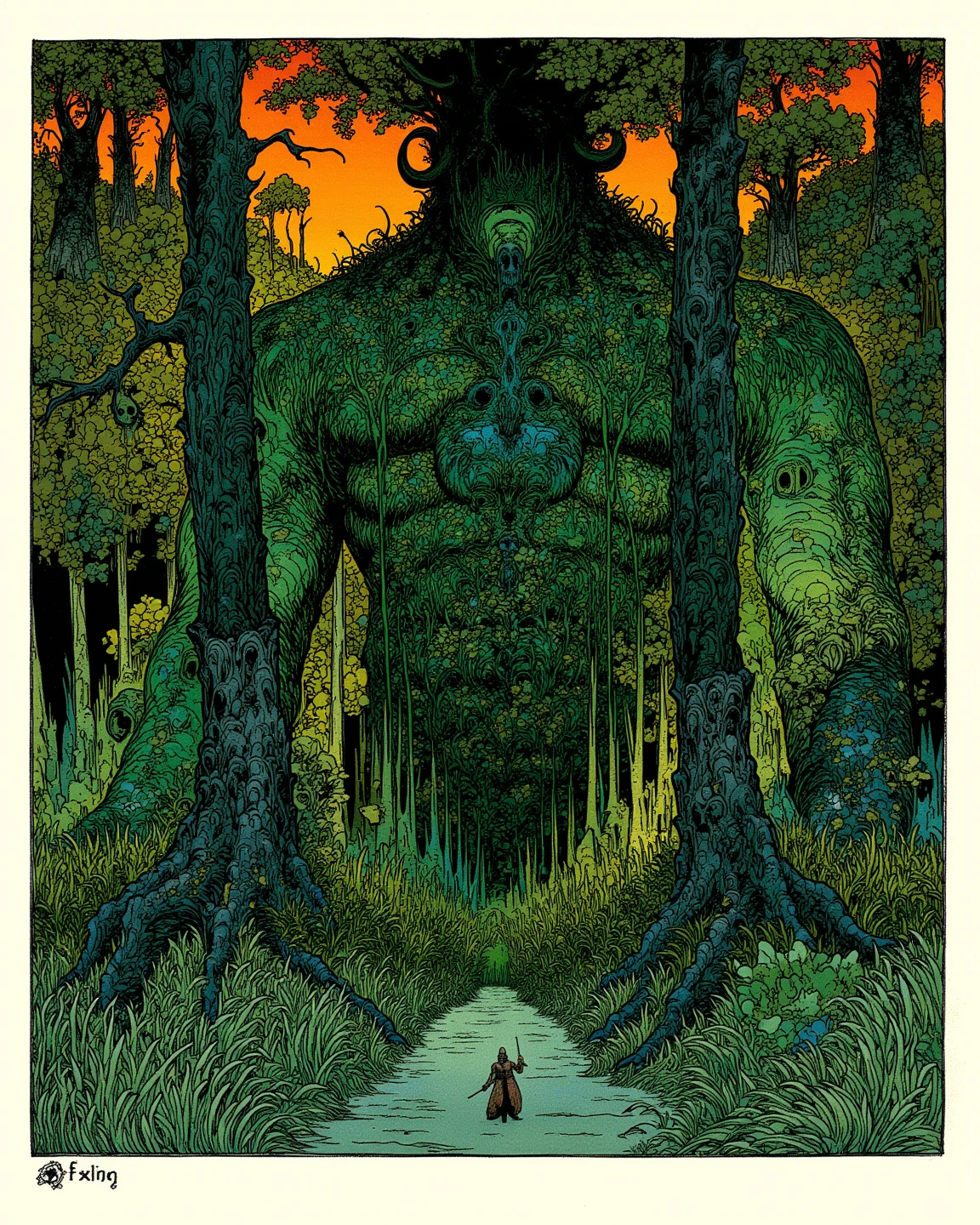  photo of a giant covering the forest ,  what looks like a giant covering the whole forest ,  Giant by Studio Ghibli Design 々 design with flowers growing , pose reaching for something ,Elden Ring Giants , The giant's body is covered with moss and ivy and the tree {x} has a mystical atmosphere integrated with nature,Aerial photo ,  experimental composition  , fantastic atmosphere of the sunset , backlit giant ,  natural material （Stone and wood ） ornaments made of the body , Amazing Painted Art , Small picture of a traveler on horseback , dark fantasy concept art , rpg concept art , High Definition Character Detailed Images  ,  rpg concept art , Elden Ring Video Game Character Art,Highly detailed line art, Low Saturation but Vivid Ink Drawing ,So unrealistic, full color illustration
