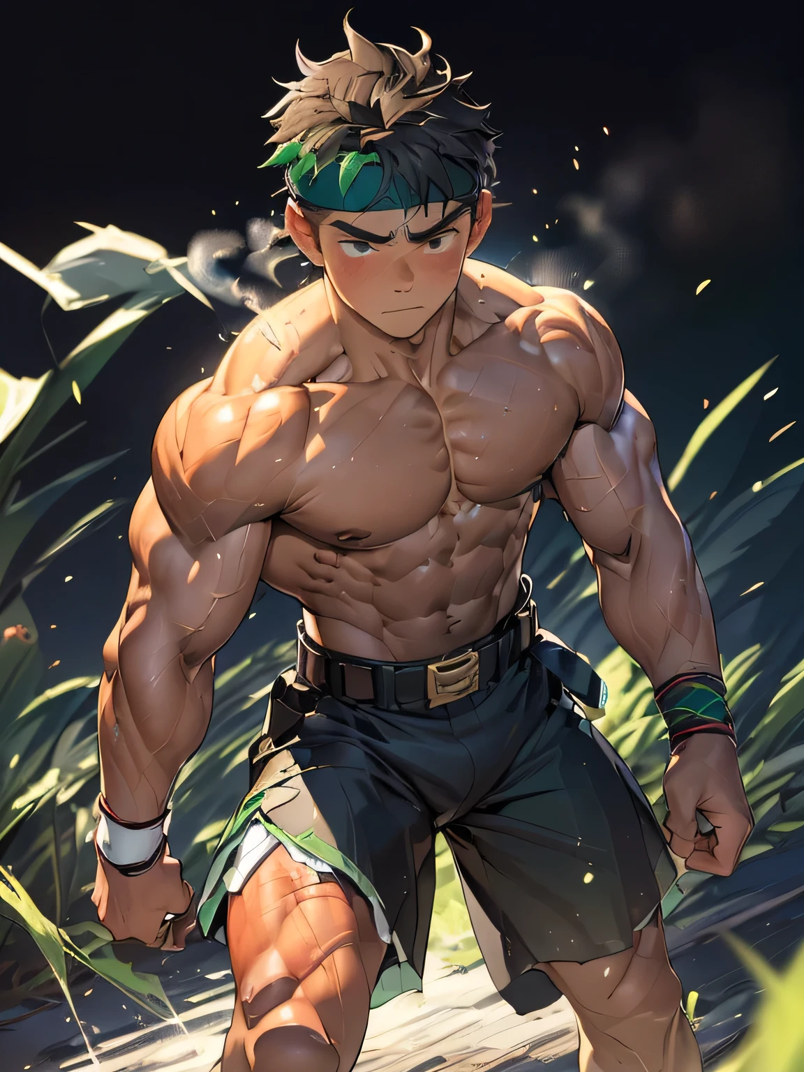 ((masterpiece, best quality)), (((((Black Background, Dark night, (Depth of field:1.2), fighter stance))))), (1 boy, Young guy, muscler, Shirtless, topless), ((((Wounded, exhausted, relax, 1boy, solo, tough, reliable, steam, running at full speed:1.2)))), (Dark Short straight hair, ((almost completely shaved hair)), under cut, Glossy skin), (((red headband, black wristband, belt))), Vivid colors, ((big breast, big shoulder, muscular body, sturdy body, defined round and fleshy pecs, defined round and fleshy ABS, defined round and fleshy armsmuscular, well-defined muscles, developed body, toned body, shouldermuscler)), muscler!, muscler body, detailed face, detailed muscle, (((rippling muscles, Flowing energy, wearing wind to emphasize the power of his aura, Highlight his aura, blue and green aura effect, wearing energy stream, athretic body)))