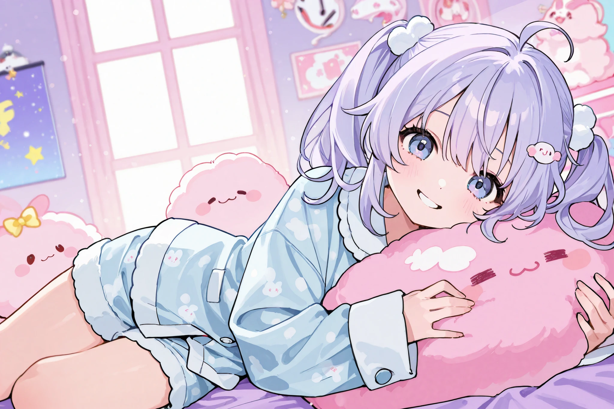 1 girl、Pink-themed room、Twintails with light purple hair 、Fluffy, light blue long sleeve pajamas、Smiling here。Eye color is purple。