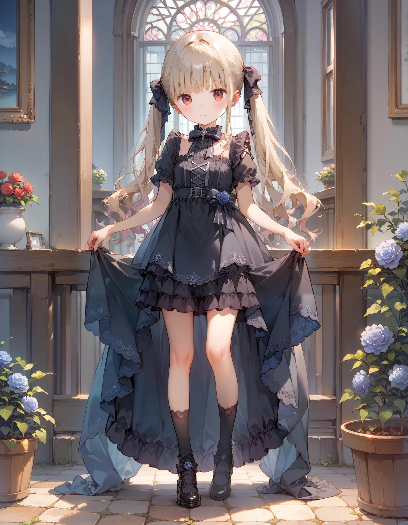 girl, Young、 portrait photography, 、 shiny skin around、 Long Twin Tails、 Lantern、 red eyes、Lower your eyes、Motor tone deprivation, revealing maid clothes ,Open chest、 Mini Ruffle Skirt、 Dark Gothic Maid Skirt , afternoon tea、 pinch up the skirt 、Courtesy、Standing with legs crossed、Red Knees 、 Black High Socks 、 Shoes with Bow、 Courtyard Hermitage ,Blue Rose Garden、 volumetric lighting, top quality, Artwork, , tone mapping , sharp concentration, smile、peaceful 、 hyperdetail, Artstation trend , by Nomi,