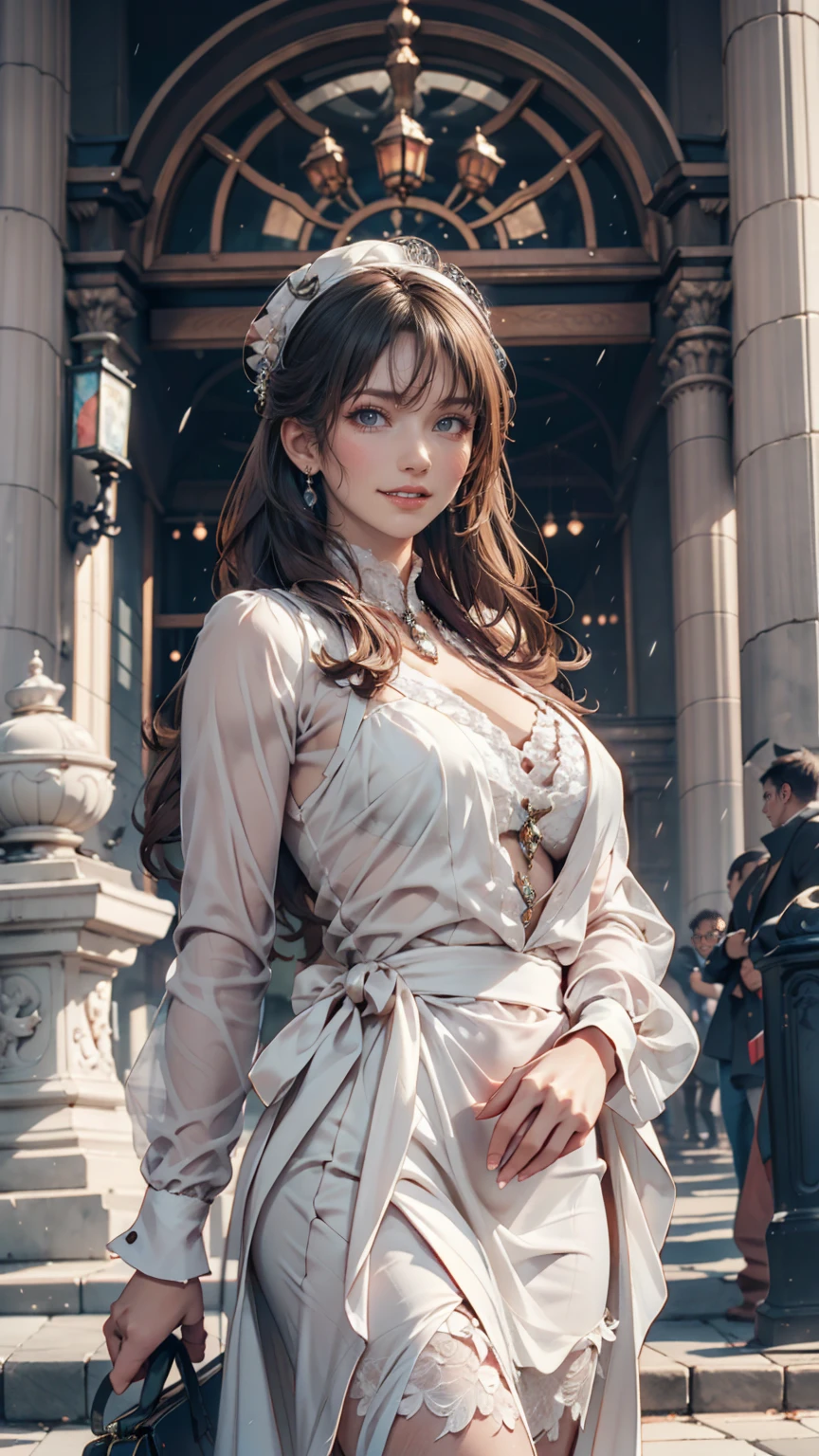 On the balcony of the palace、A woman from the royal family waves to the crowds。She smiled with grace.、Maintains a graceful posture