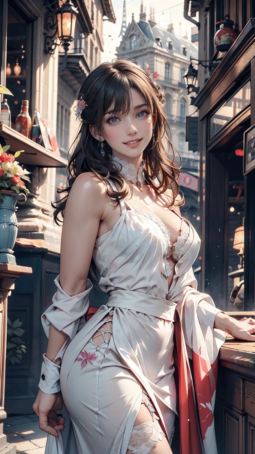masterpiece, Great work, Daytime, Outdoor, Falling Flowers, White Dress, 1 person, Perfect Woman, Woman with long silver and white hair, Gray blue eyes, Pale pink lips, cold, Severe, Van, Purple eyes, White clothes, Black Apparel Line, Delicate face, Beautiful Face, Standing Bow, Tassel, The Knot of Happiness, smile