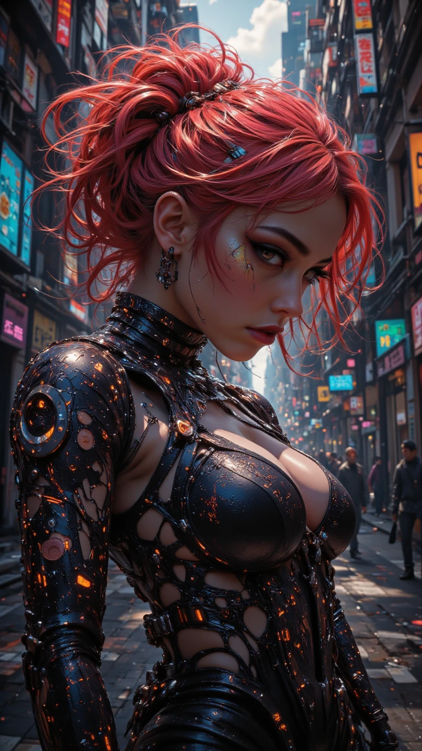 A stunning, hyper-realistic illustration of a sexy, stylish woman in anime-inspired fashion. The 3D render captures every detail, from her flowing, fiery red hair to the intricate, glittering outfit that accentuates her curves. The background is a blend of neon lights and urban cityscape, giving off a futuristic, cyberpunk vibe. Artgerm and Ayami Kojima's signature styles are beautifully combined to create this mesmerizing masterpiece., 3d render, illustration, fashion, anime