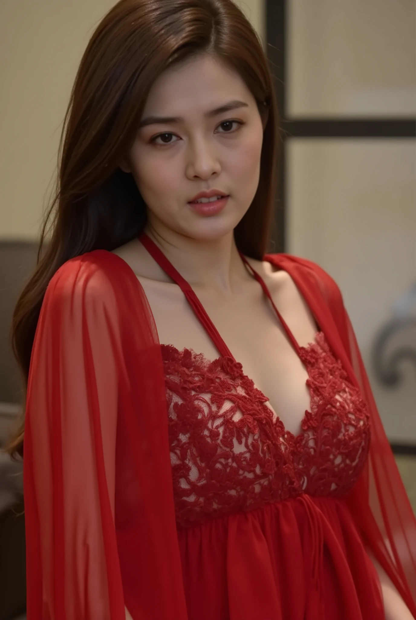 A beautiful woman, wearing a red nightgown and lace, looks at the camera with long hair draped over her shoulders, gazing sideways from right to left. The background is a home environment, with a photography style of indoor lighting, close up shots, soft tones, and elegant movements, capturing the natural expressions of her facial features.